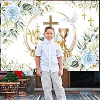 Vista 7 de Telón de fondo de comunión Mi Primera de 7 x 5 pies, decoraciones de primera comunión, decoraciones de primera comunión, decoraciones florales Azul