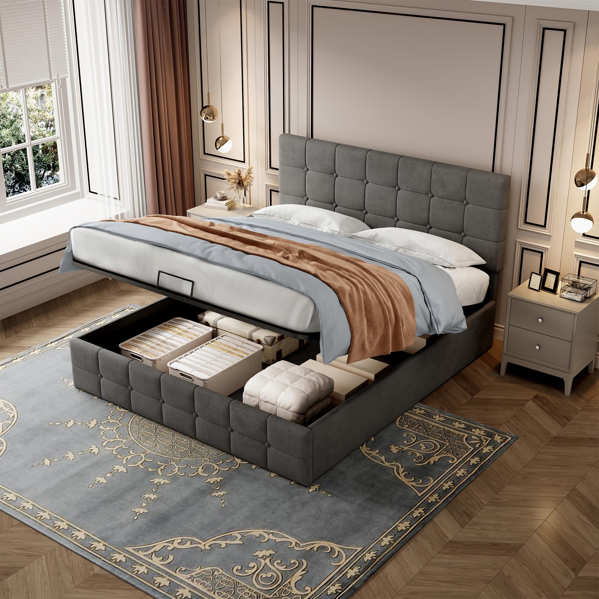 BTM 4FT6 Double Bed with Storage 135x190cm,Upholstered Double Bed Frame with Adjustable Headboard, Grey Velvet(No Mattress) — image 1