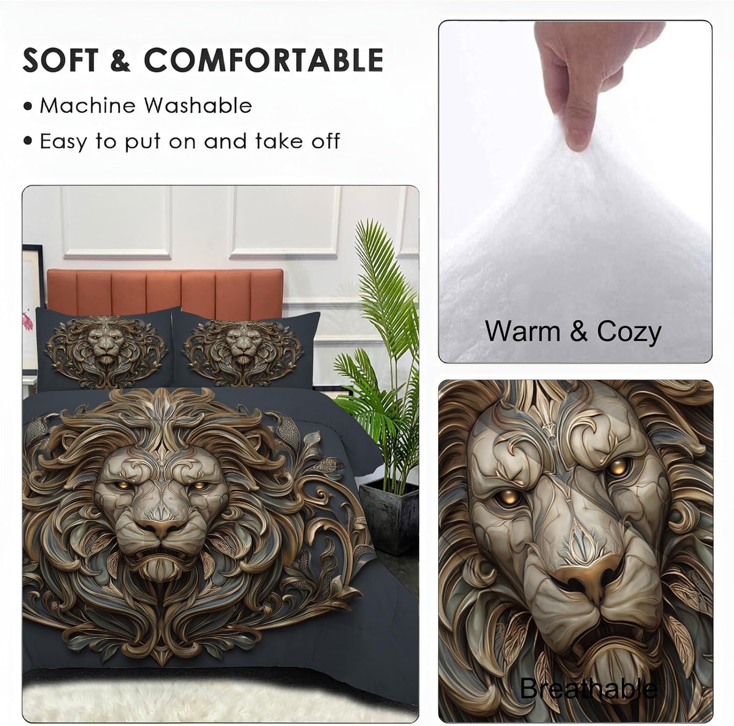 Wildlife Comforter Set Twin Size, 3D Lion Head Bedding Set for Teens Adults Room, Grey Soft 68" x 86" Quilt with 1 Pillow Cases, Lightweight Grey Quilt for All Season