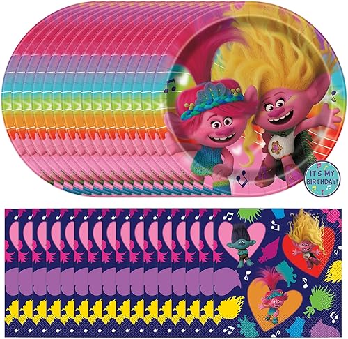 Trolls - Decoraciones para fiestas de cumpleaños  Sirve a 16 invitados  Platos de trolls, servilletas, calcomanías