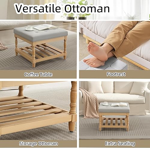 Miniatura 24 de UEV Juego de 3 mesas de café otomanas, juego de mesa de madera para sala de estar, incluye 2 mesas auxiliares tapizadas, mesita de noche, patas de