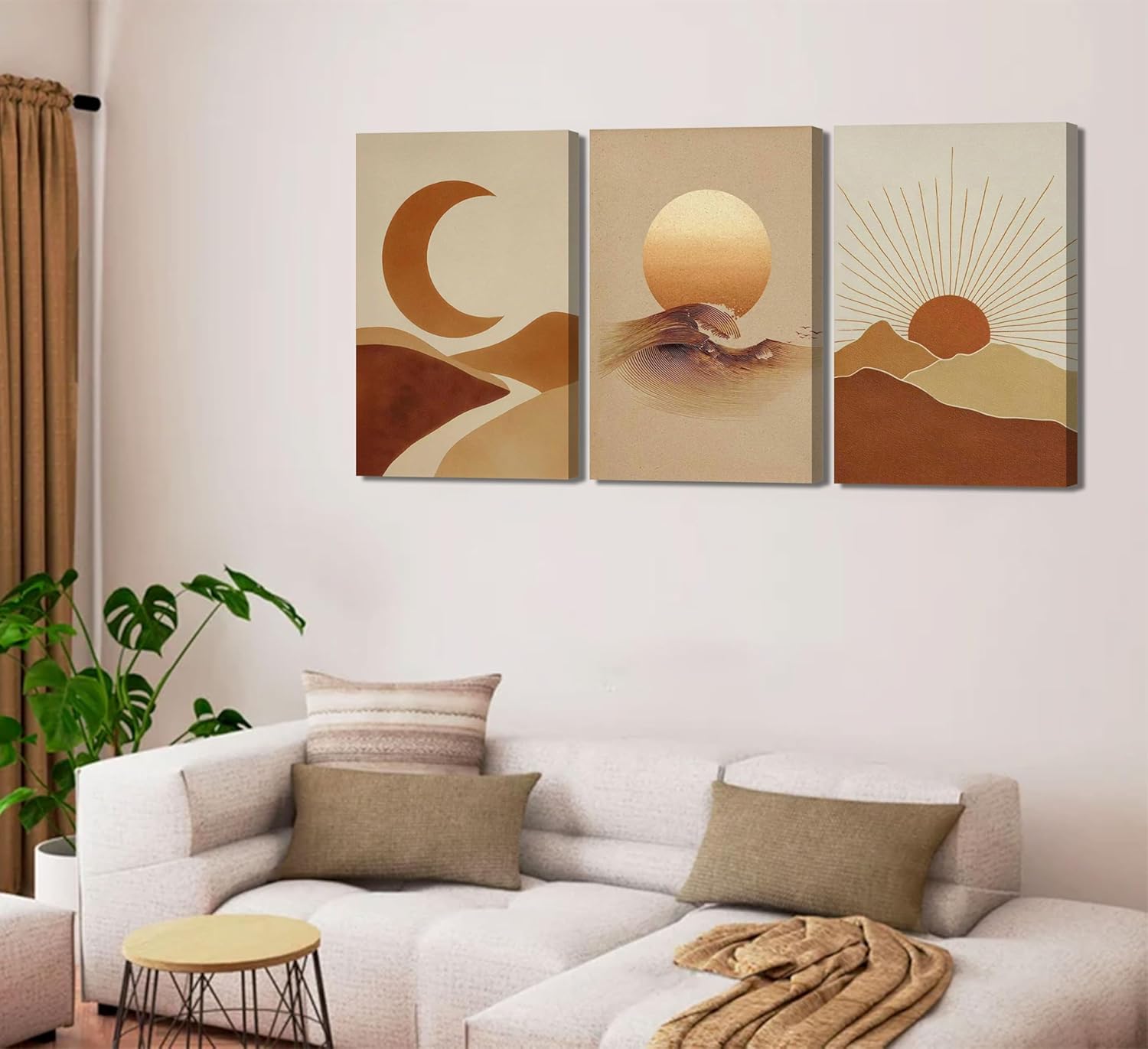 3Pcs Boho Sun and Moon Canvas Wall Art Abstract Poster Print Mid Century Modern Picture Earth Tone Minimalist Celestial Painting Wall Decor for Bedroom Living Room 12x16in Framed