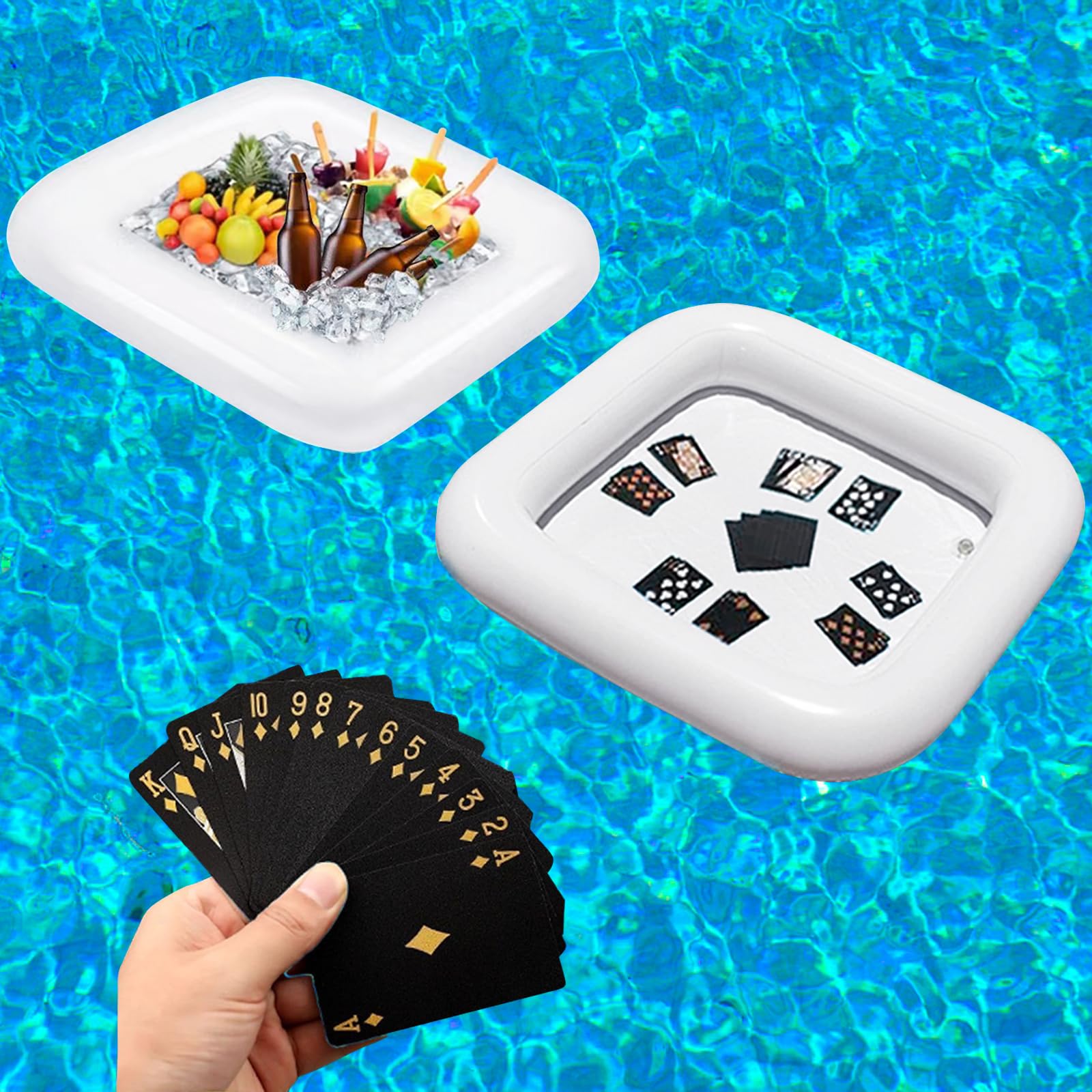 MUYPATY 2 PCS Floating Pool Game Table with Waterproof Playing Cards for Summer Pool Party?Inflatable Ice Drink Cooler Serving Tray Bar for Pool Beach Outdoor Picnic Birthday Party Supplies