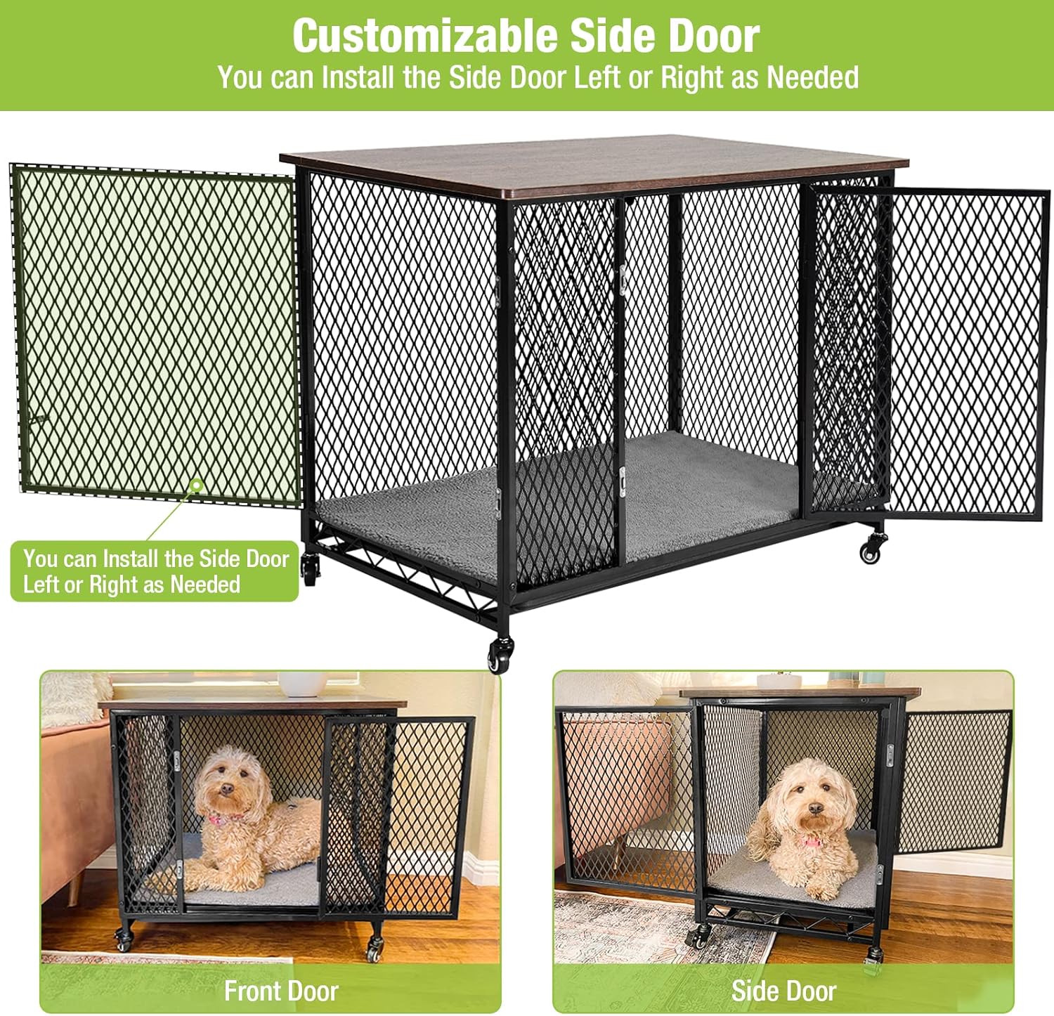 Dog Crate Furniture End Table, Dog Kennel for Small Medium Large Dogs,Dog Cage On Wheels Easy Move from Dog House with Cushion Double-Door and Pull Out Tray(38.6")
