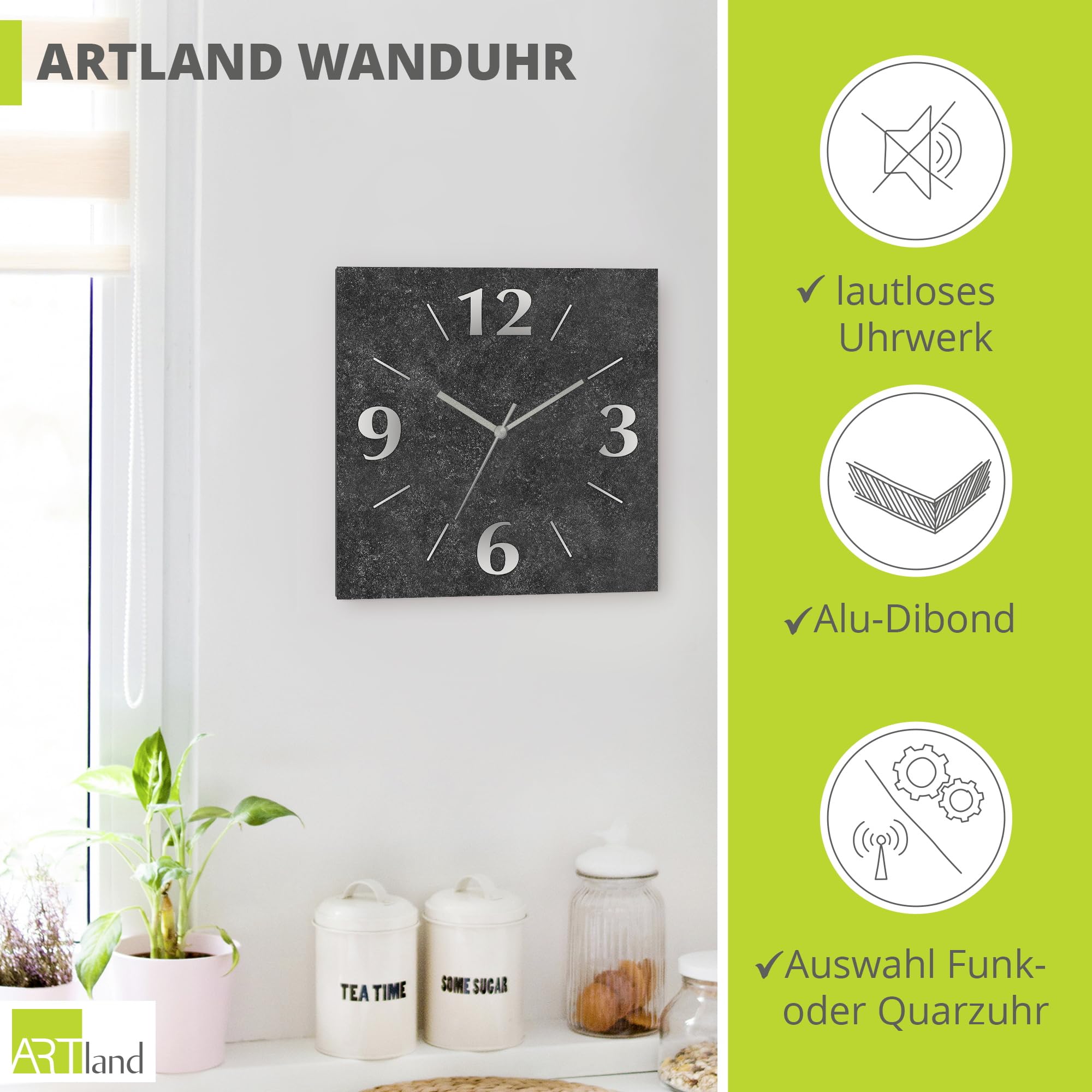 ARTLAND Wanddeko Wanduhr ohne Tickgeräusche Alu Funkuhr 30x30 cm Quadratisch Lautlos analoge Funkuhr, 4 Ziffern 30x30 cm Granitoptik Gesteinoptik Anthrazit J4XM