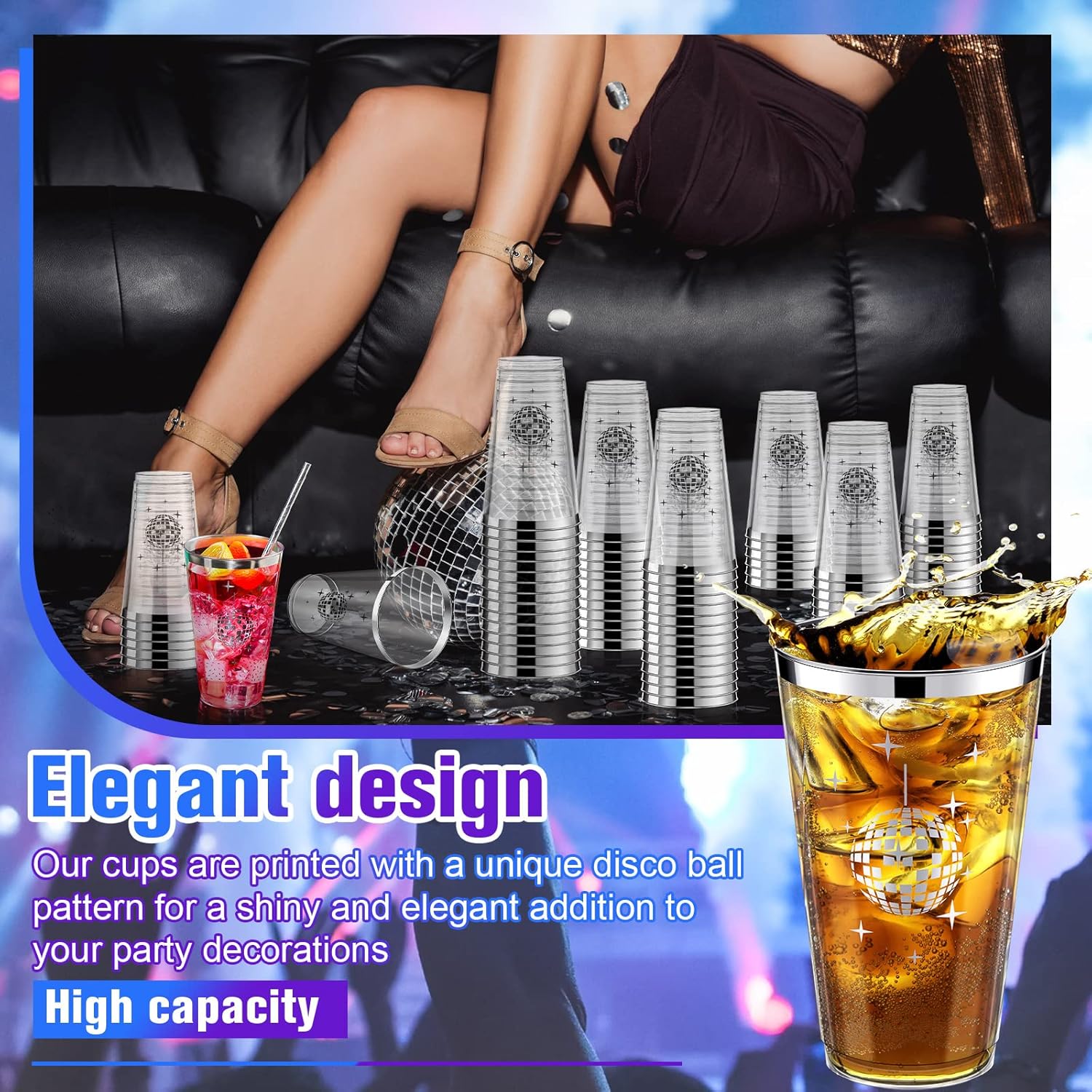 Funtery Disco Ball Cups Bulk 16oz Disposable Disco Plastic Cups Supplies 70s 80s 90s Party Hot and Cold Drinks for Bachelorette Wedding Picnic Supplies(100 Pcs)
