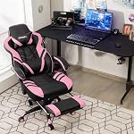 GYMAX Chaise de jeu, chaise de bureau ergonomique haut dos de style Racing avec repose-pieds, appuie-tête, support de bois, chaise à tâche pivotante, chaise roulante de direction réglable inclinable pour adultes/adolescents (Pink)