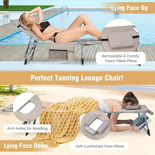 Miniatura 4 de GYMAX Silla de bronceado, 400 libras de descanso de playa con orificio para el brazo facial y correa para el hombro de mano, silla plegable para