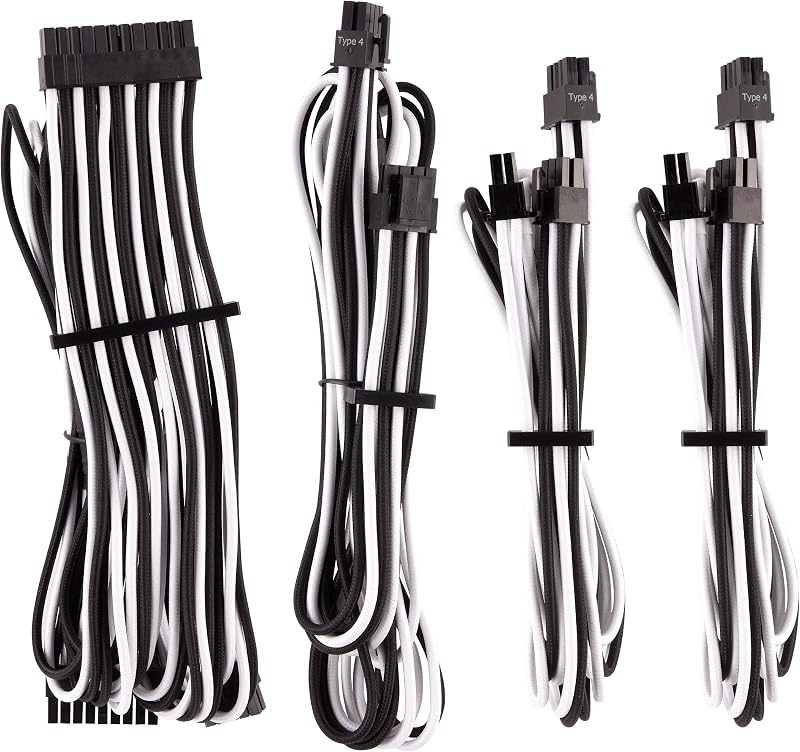 CORSAIR Premium Individually Sleeved PSU Cables Starter Kit – White/Black, 2 Yr Warranty, for Corsair PSUs