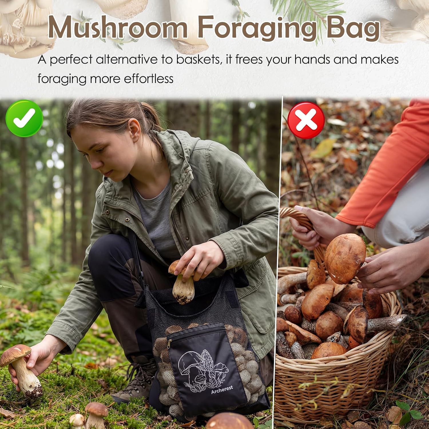 1 Pack D-shaped Opening Mushroom Foraging Bag, Morel Picking Mesh Hunting Pouch for Outdoor Foraging and Fruit, Mushroom Basket Harvesting Bags with Adjustable Shoulder Strap