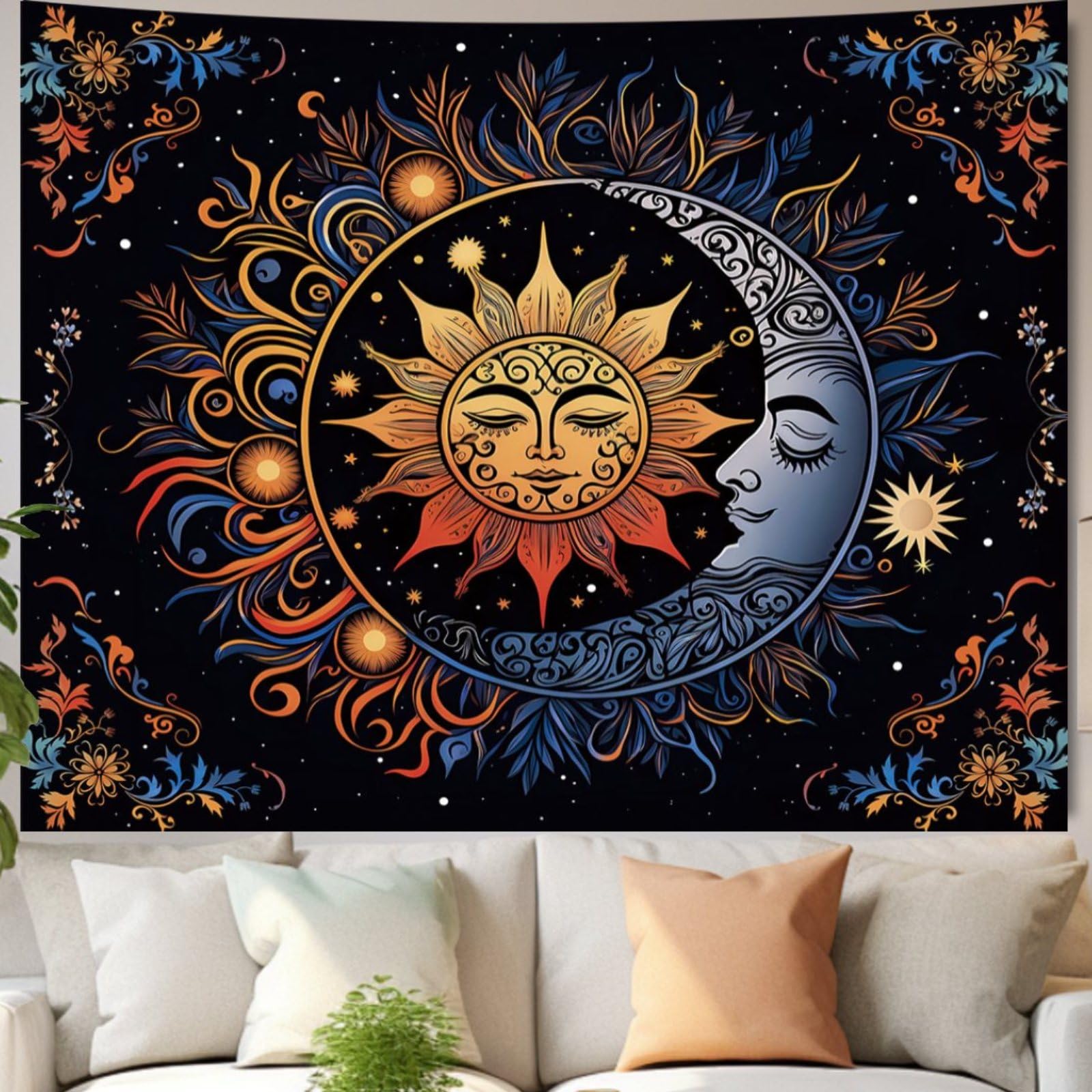 Hippie Sun and Moon Tapestry Wall Hanging for Bedroom Aesthetic, Boho Bohemian Hippy Mystic Floral Tapestries, Mandala Floral Backdrop Decor for Living Room Dorm (51"X60")
