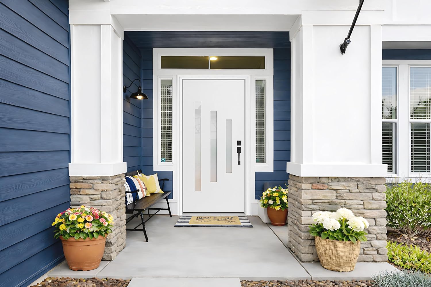 36x80'' Fiberglass Entry Door, Modern Exterior Door Left Hand Inswing White Textured Primed Frosted Glass Knock-Down Door, 4-9/16'' Vinyl Frame and Brickmould Included