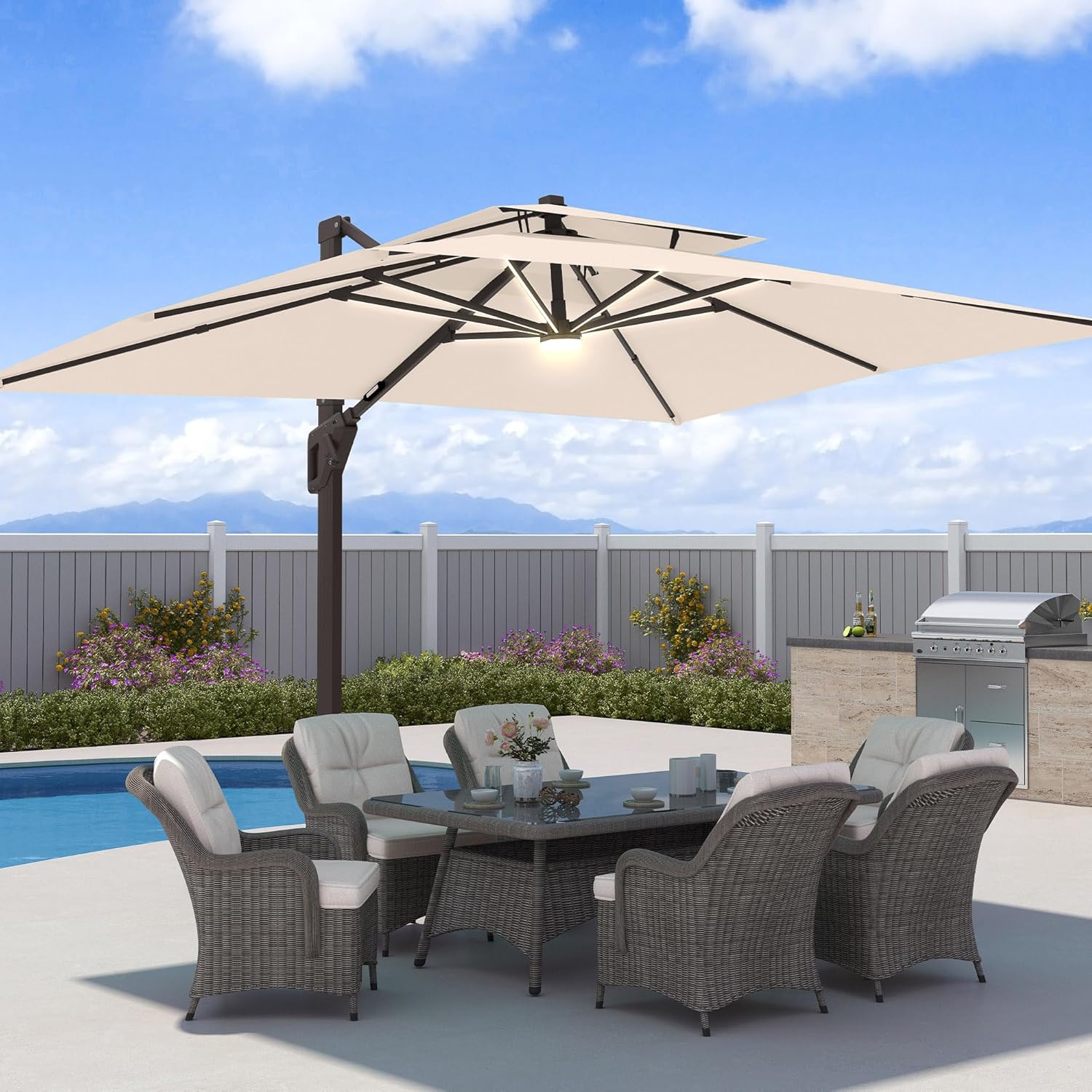 9x12 FT Patio Umbrella with Weighted Base and LED Lights Cantilever Outdoor Large Heavy Duty Rectangle Aluminum Offset