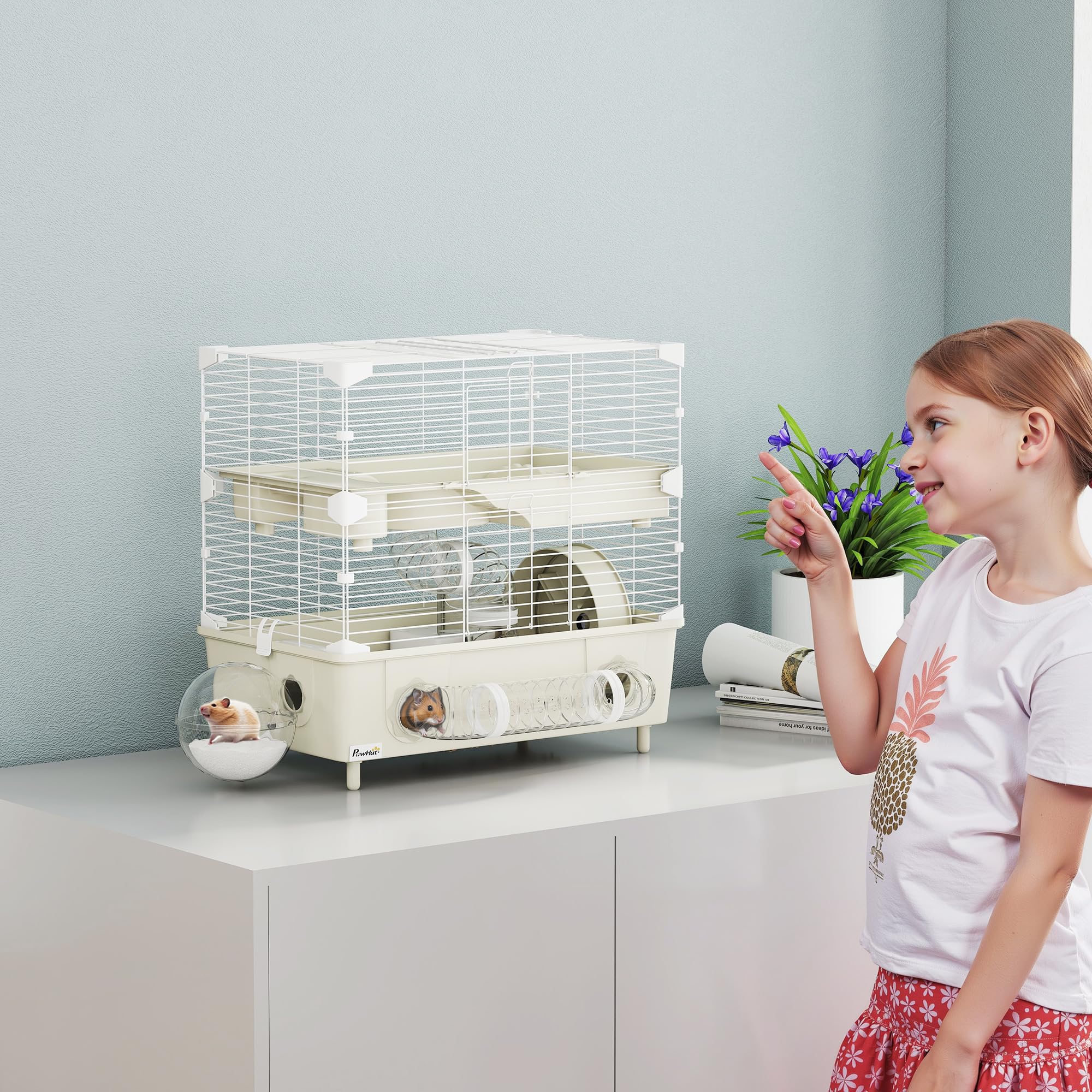 Jaula para hámster PawHut de 2 Niveles y 3 Puertas con Rueda, Caja de Arena y Tubos de Juego, Jaula para Mascotas de Acero, PS y PP, 44,5x28x44 cm, Crema y Blanco | Caja de arena con tubos de juego, jaula para hámster, acero, PS y PP, 44,5 x 28 x 44 cm