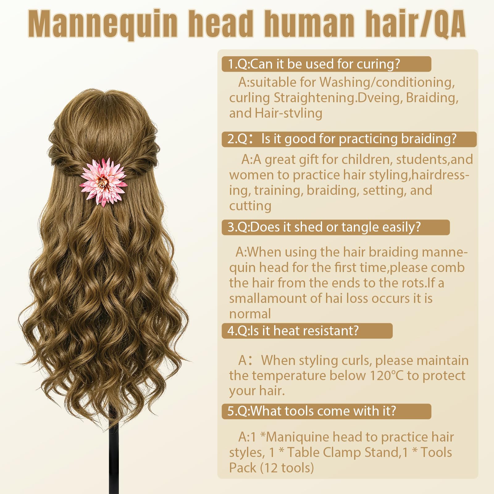 Testa Parrucchiere 80% Veri Capelli Testina con Morsetto (Marrone latte) | TopDirect 66cm Testina Parrucchiere Capelli per Acconciature Manichino Cosmetologia Formazione con DIY Accessori per Capelli