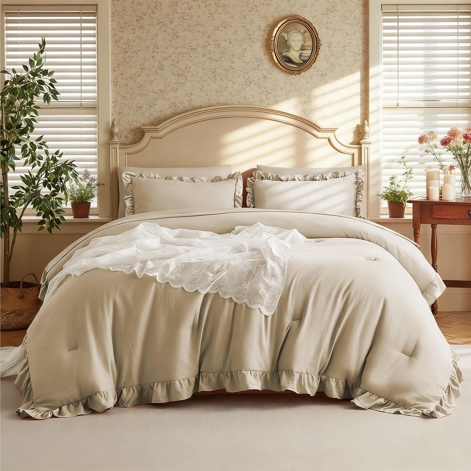 MR&HM Queen Comforter Set Linen, Comforter Set 7 Pieces for Girls Women, Shabby Chic Vintage Cottagecore Bed Sets Elegance Boho Bed in a Bag, Ultra-Soft & Fluffy Comforter for All Season