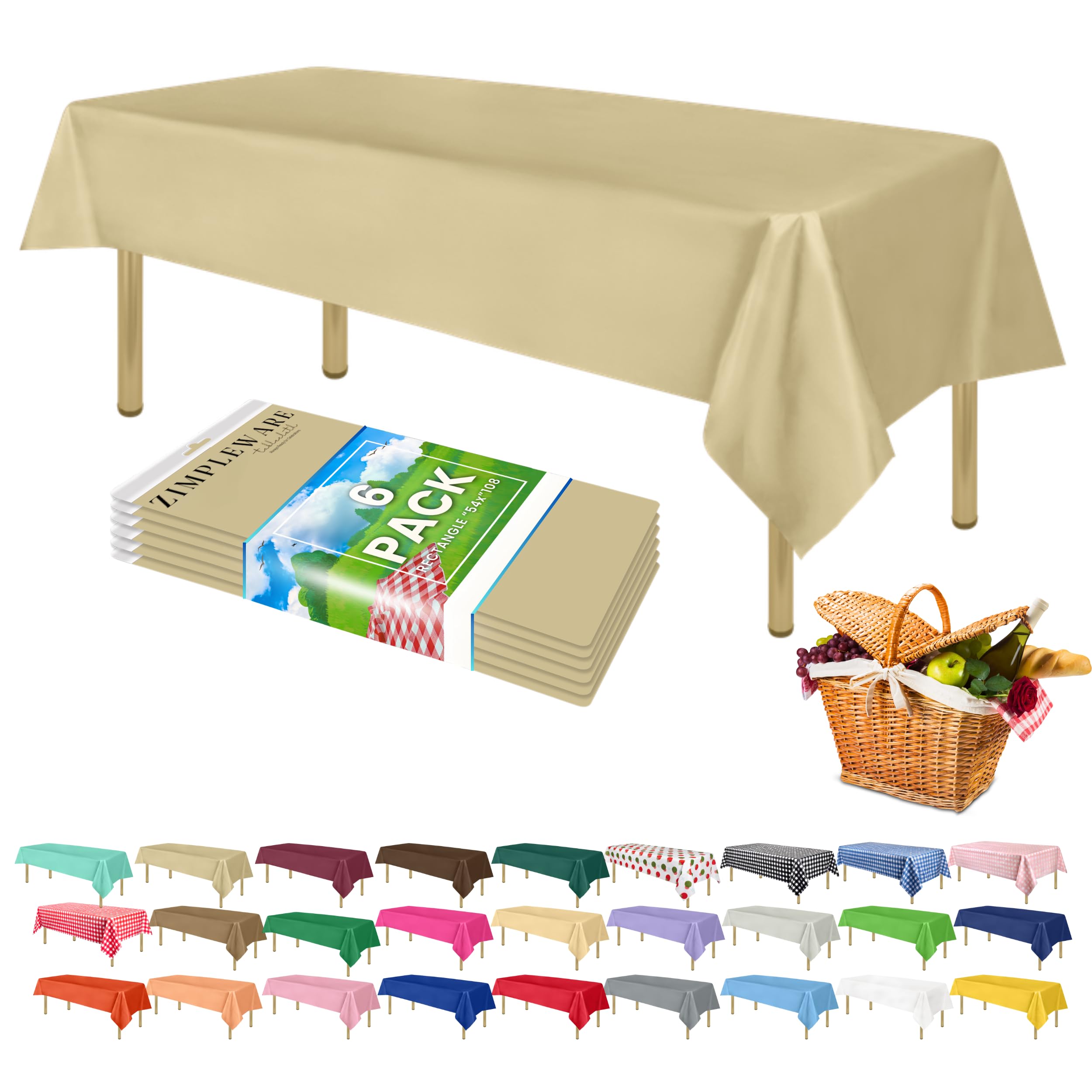 ZIMPLEWARE Premium Beige Plastic Table Cloth Disposable (6 Pk) Plastic Tablecloths for Rectangle Tables (54in x 108in) Party Table Cloths Disposable for 6ft to 8ft Rectangle Tables