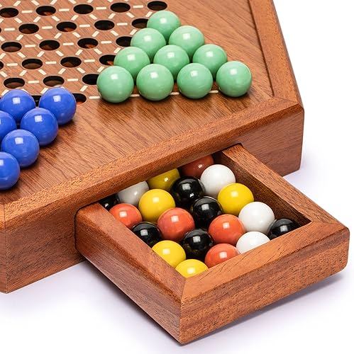 Miniatura 2 de Yellow Mountain Imports Juego de mesa Halma de madera con cajón de almacenamiento y canicas de vidrio de color sólido (0.630 in)