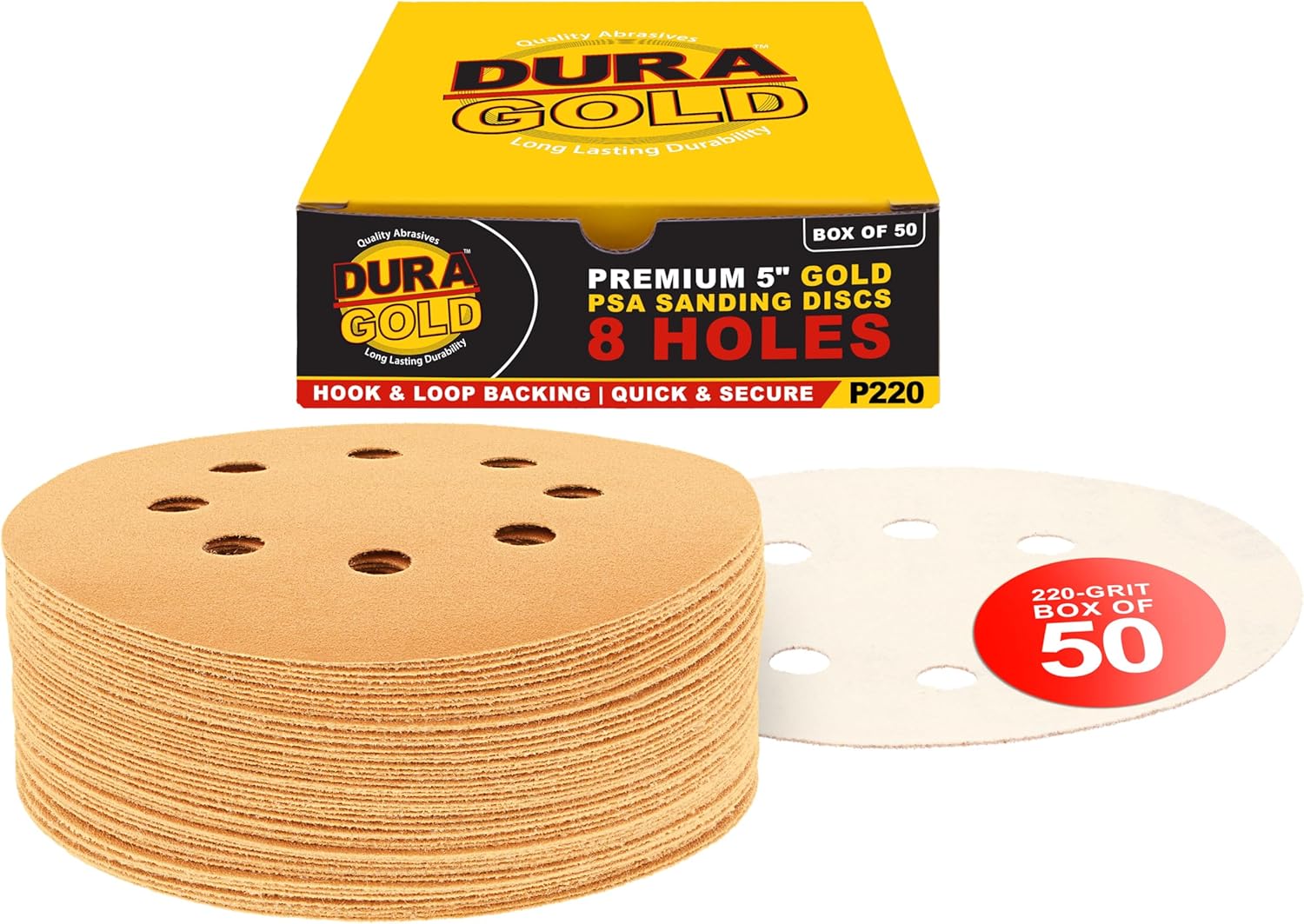 Dura-Gold Premium 220 Grit 5" Sandpaper Discs, 8 Hole Pattern Dustless, 50 Discs - Hook & Loop Backing for Orbital DA Sander, Detailing Finishing Color Sanding Automotive Paint Woodworking