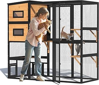 TIMHAKA Catio Outdoor Cat Enclosure, Large 4 Tiers Cat Catio Connect to Window for Outdoor Indoor Cats with Weatherproof Roof, Resting Rooms, Platforms, Large Door, 76" L x 32.9" W x 70.8" H, Black