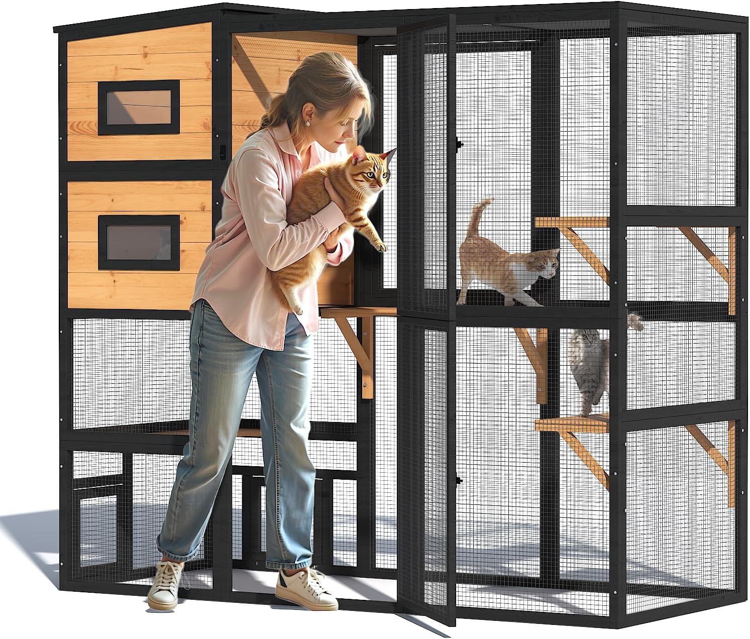 TIMHAKA Catio Outdoor Cat Enclosure, Large 4 Tiers Cat Catio Connect to Window for Outdoor Indoor Cats with Weatherproof Roof, Resting Rooms, Platforms, Large Door, 76" L x 32.9" W x 70.8" H, Black