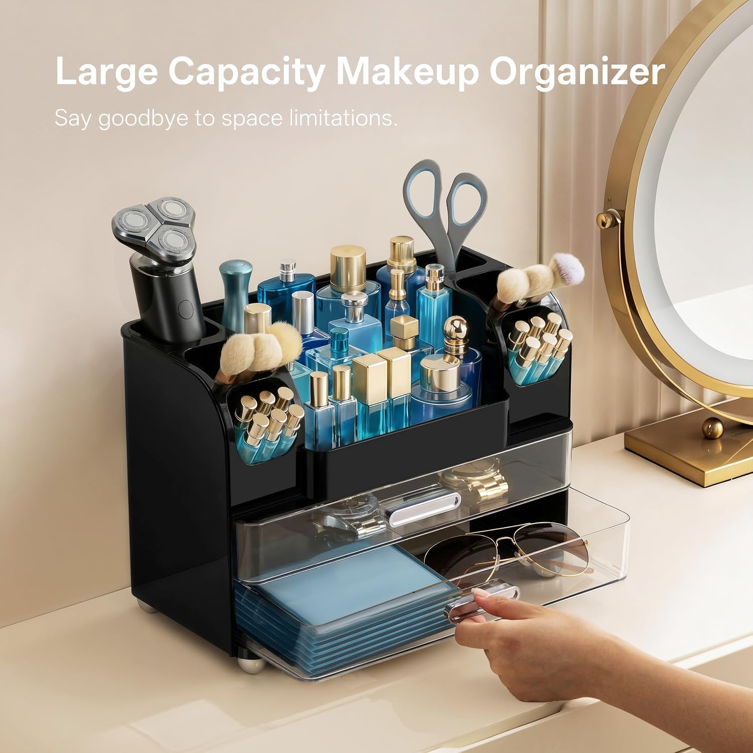 HBlife Makeup Organizer for Vanity with Brush Holder, Cologne Organizer for Men, Large Bathroom Countertop Cosmetic Organizer Skin Care Storage, Easy to Store Lipsticks, Nail Polishes, Perfumes, Black image 4