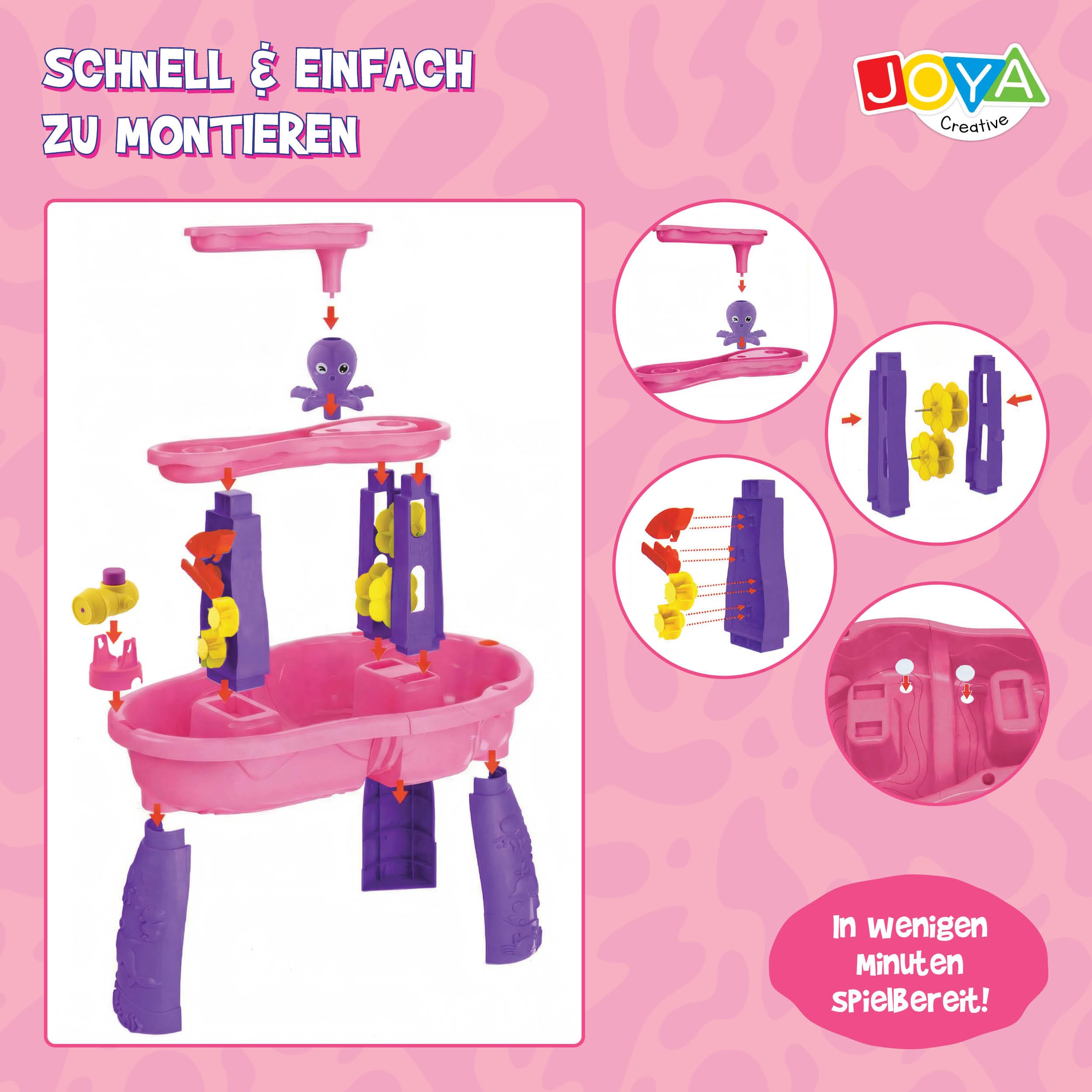 Tavolo d'acqua per bambine, tavolo da gioco ad acqua rosa, set di accessori da 34 pezzi, effetto cascata, dimensioni 59 x 38,5 x 73 cm, tavolo attività con acqua per esterni e giardino
