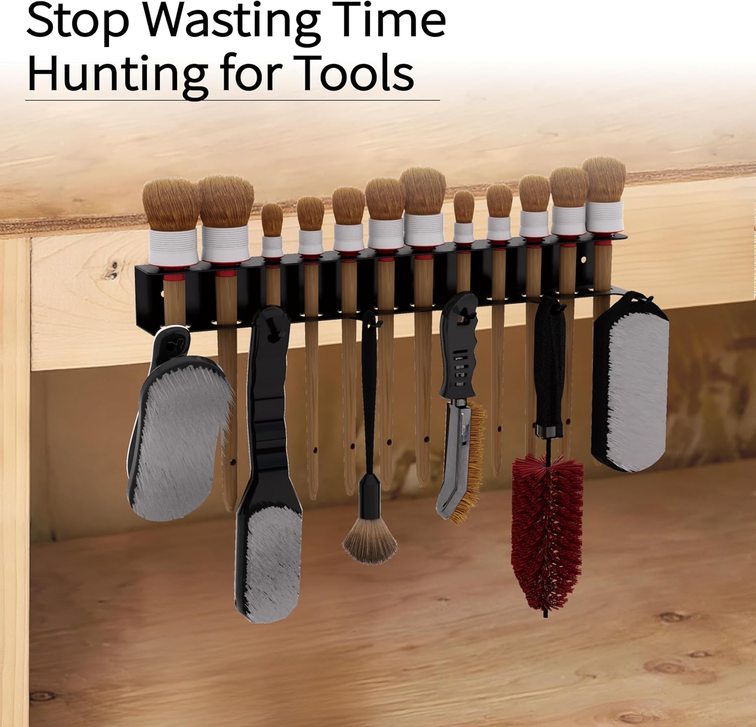 Wall Mount Brush Holder & Tool Hanger Rack for Garage, Detailing Organizer with Mounting Hardware - Holds 12 Brushes + Hooks for Towels & Tools​