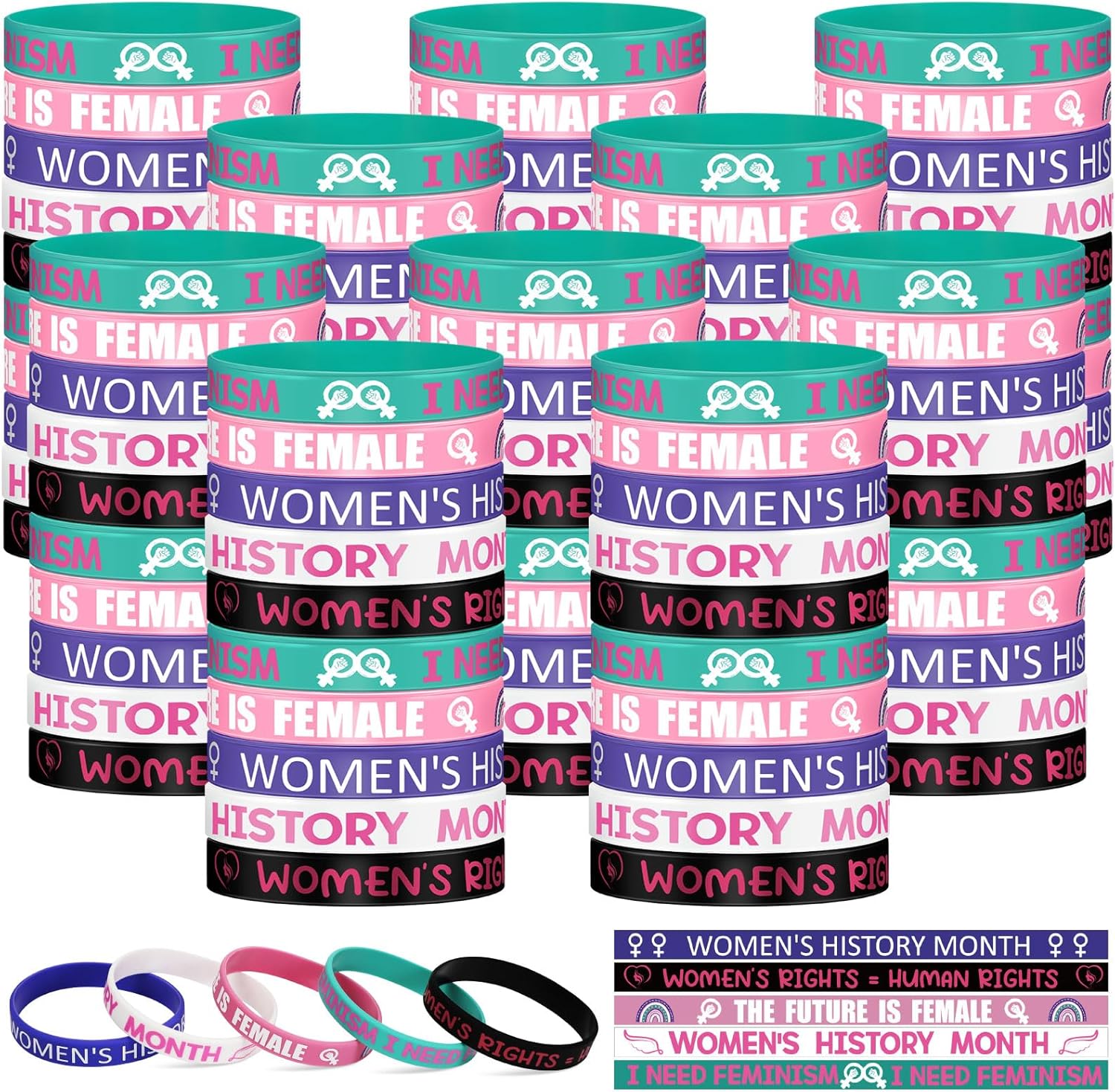 Soulchen 300 Pcs Mothers Day International Womens Gifts Bulk Women's History Month Silicone Bracelets Inspirational Female Rights Awareness Rubber Wristbands for Women Gifts Party Office Supply