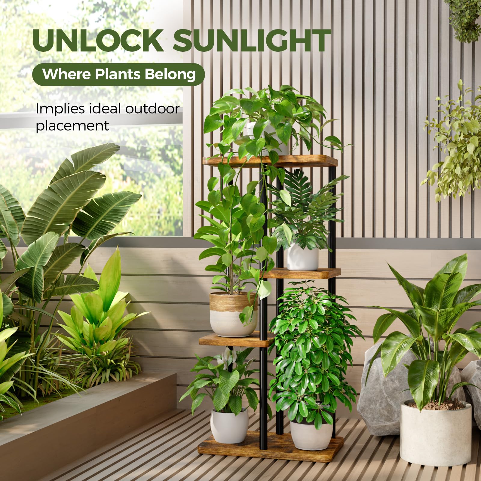 Bamworld Soporte para Plantas de Interior de 4 Niveles, Soportes Negros para Plantas Múltiples Plantas Pequeñas, Soporte de Esquina para Macetas para Patio