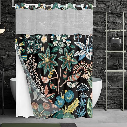 Miniatura 17 de Tititex Cortina de ducha rústica con forro floral rosa y azul, sin ganchos, doble capa, tela impermeable y transparente para ventana superior