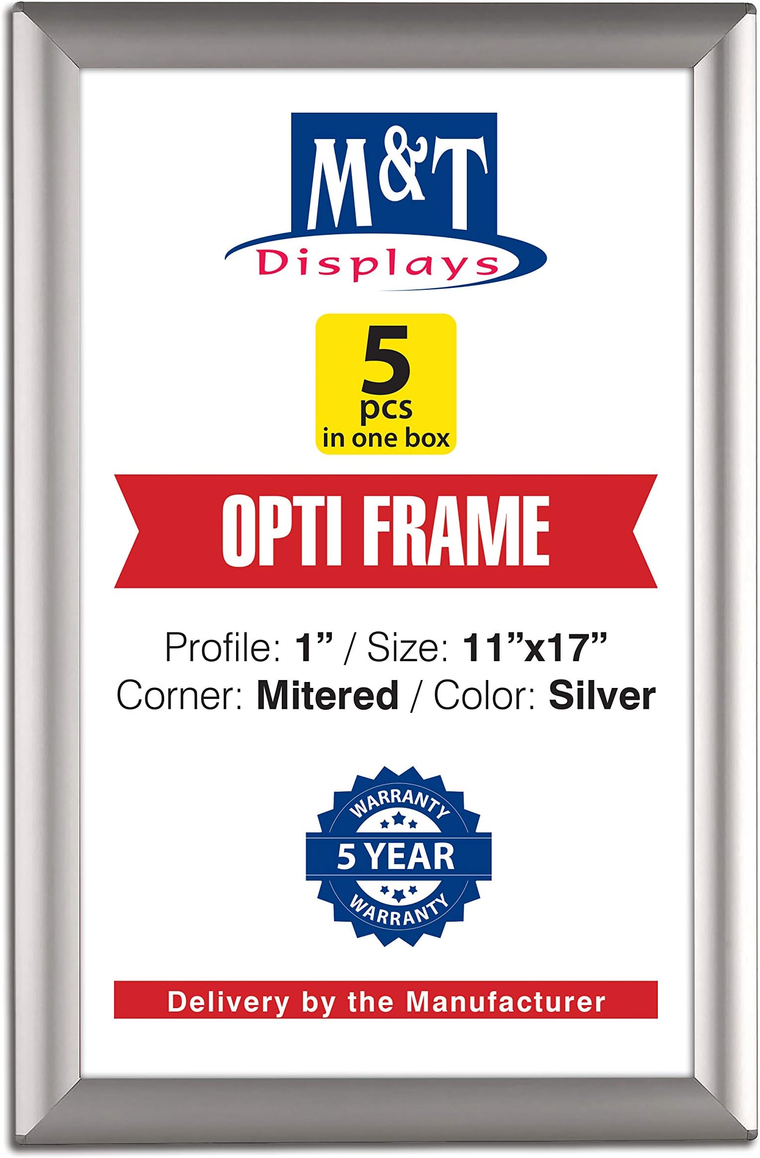 Opti Snap Poster Frame 11x17 Inch Silver 1" Aluminum Profile Front Loading Wall Mounting Photo Picture Document Certificate Sign Holder Mitered Corner Anti Glare Cover (5 pack)