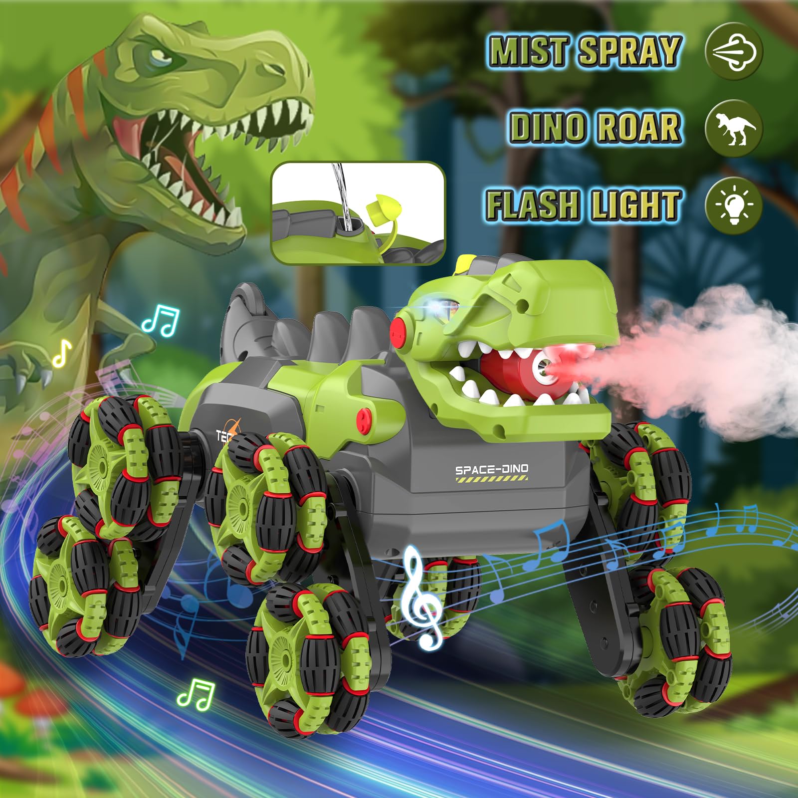 Kssvzz Coche Teledirigido Dinosaurio - 8WD 2.4Ghz RC Coche para 4 5 6 7 8 años de Edad los niños, 360 ° de rotación/Spray/Luz/Rugido, Cumpleaños (Verde)