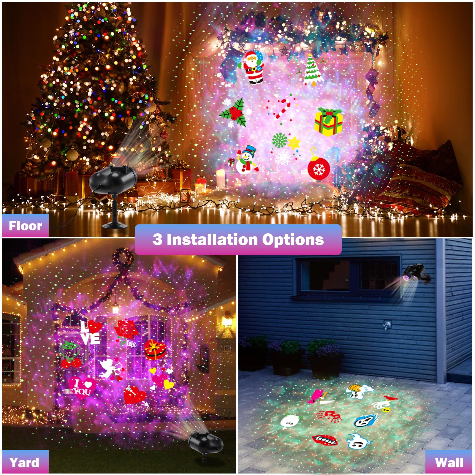 HAKUTA Projecteur laser 3 en 1 pour Halloween, Noël, effet océan, avec 10 diapositives/80 motifs HD pour Noël, Nouvel An, anniversaire, Halloween, décoration de Thanksgiving