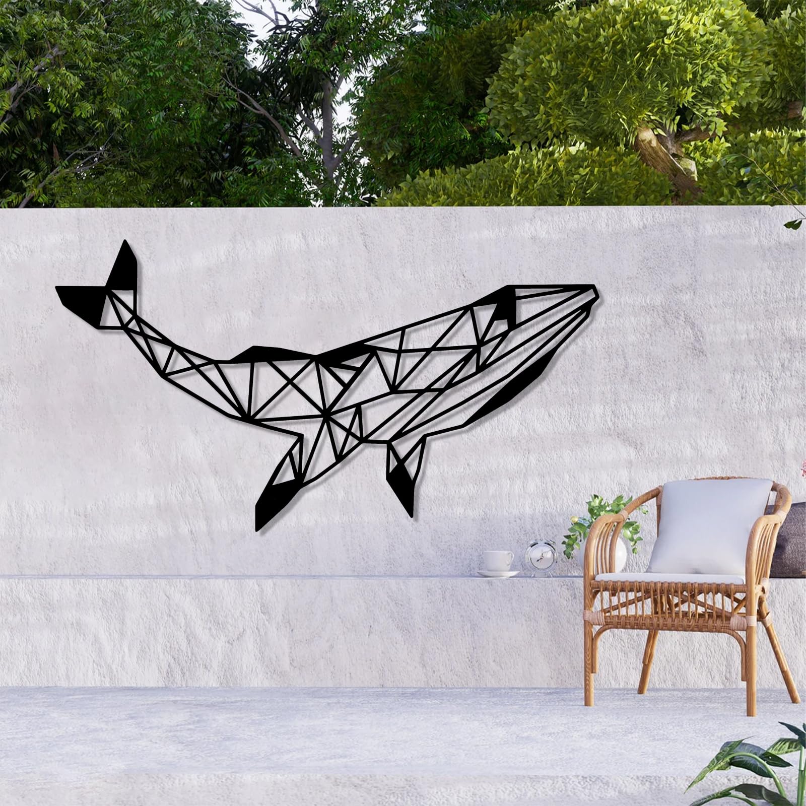 Współczesna abstrakcyjna metalowa dekoracja ścienna dekoracja wieloryba, duży design, geometryczna łazienka morska prezent dla miłośników morza (41 x 76 cm, srebrna)
