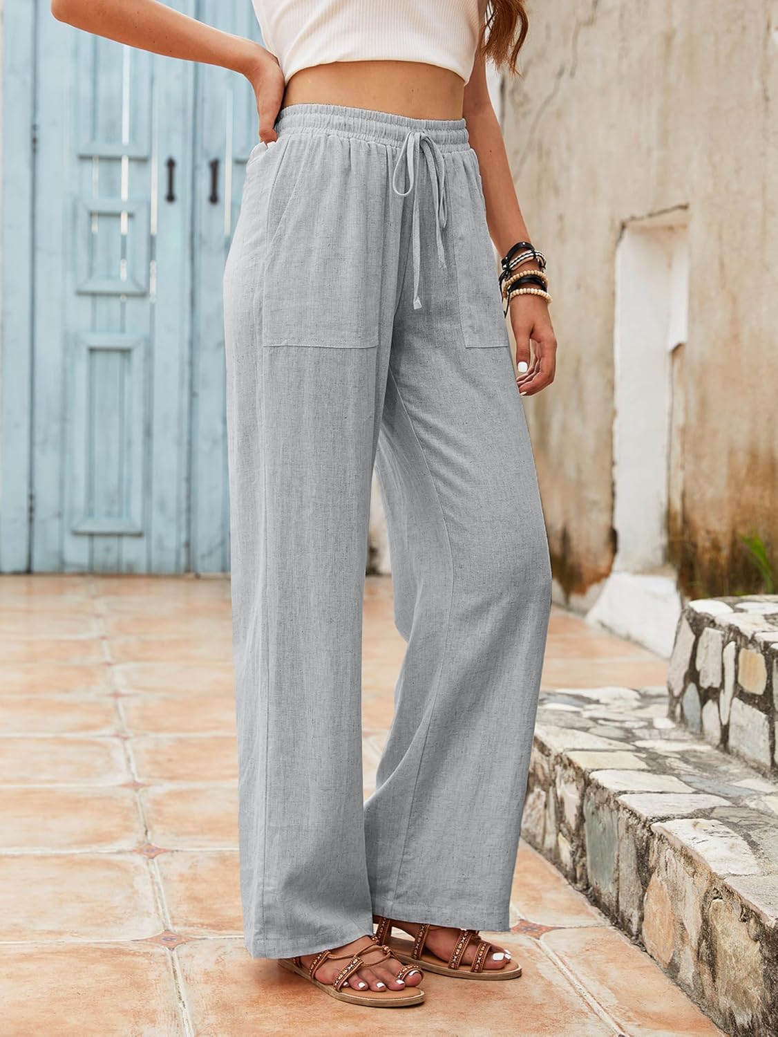 Beautiful Nomad Women's Linen Pants High Waisted Straight Pant Casual Flowy Wide Leg Drawstring Trousers with Pockets - Image 4