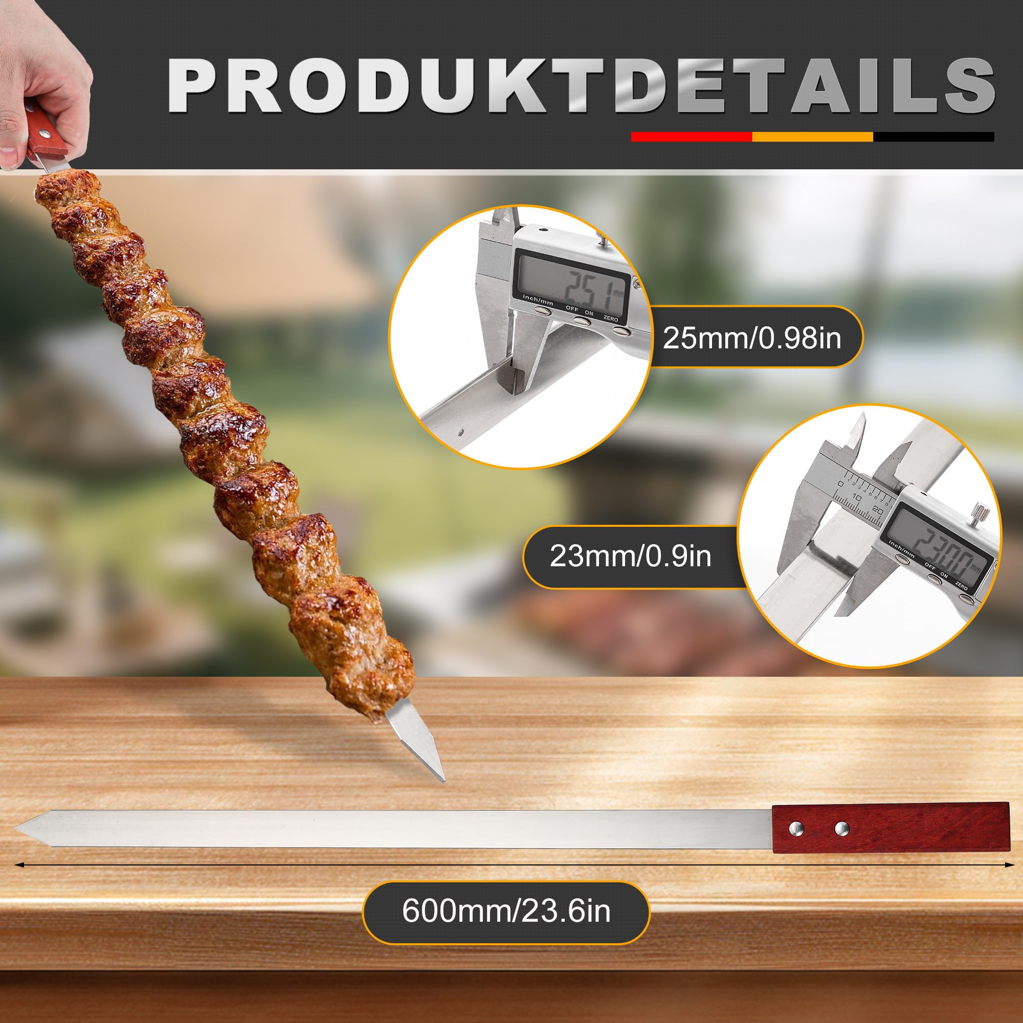 10 Stücke Flache Adana Spieße Edelstahl - 60cm Extra Lange Schaschlikspieße mit Holzgriffen & Schutzkappen - Wiederverwendbares Grillspieße Grillzubehör für Grillbesteck, Fleisch und Gemüse