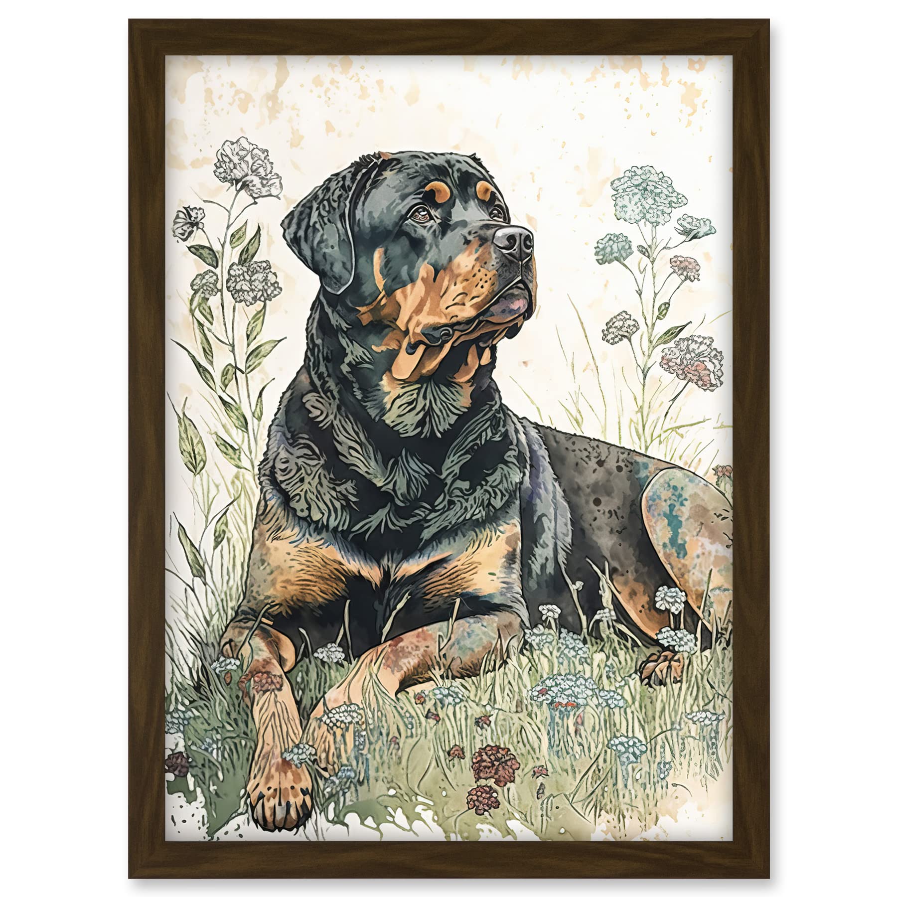 Artery8 Rottweiler Dog Lying in Wildflowers Bright Watercolour Illustration Artwork Framed A3 Wall Art Print