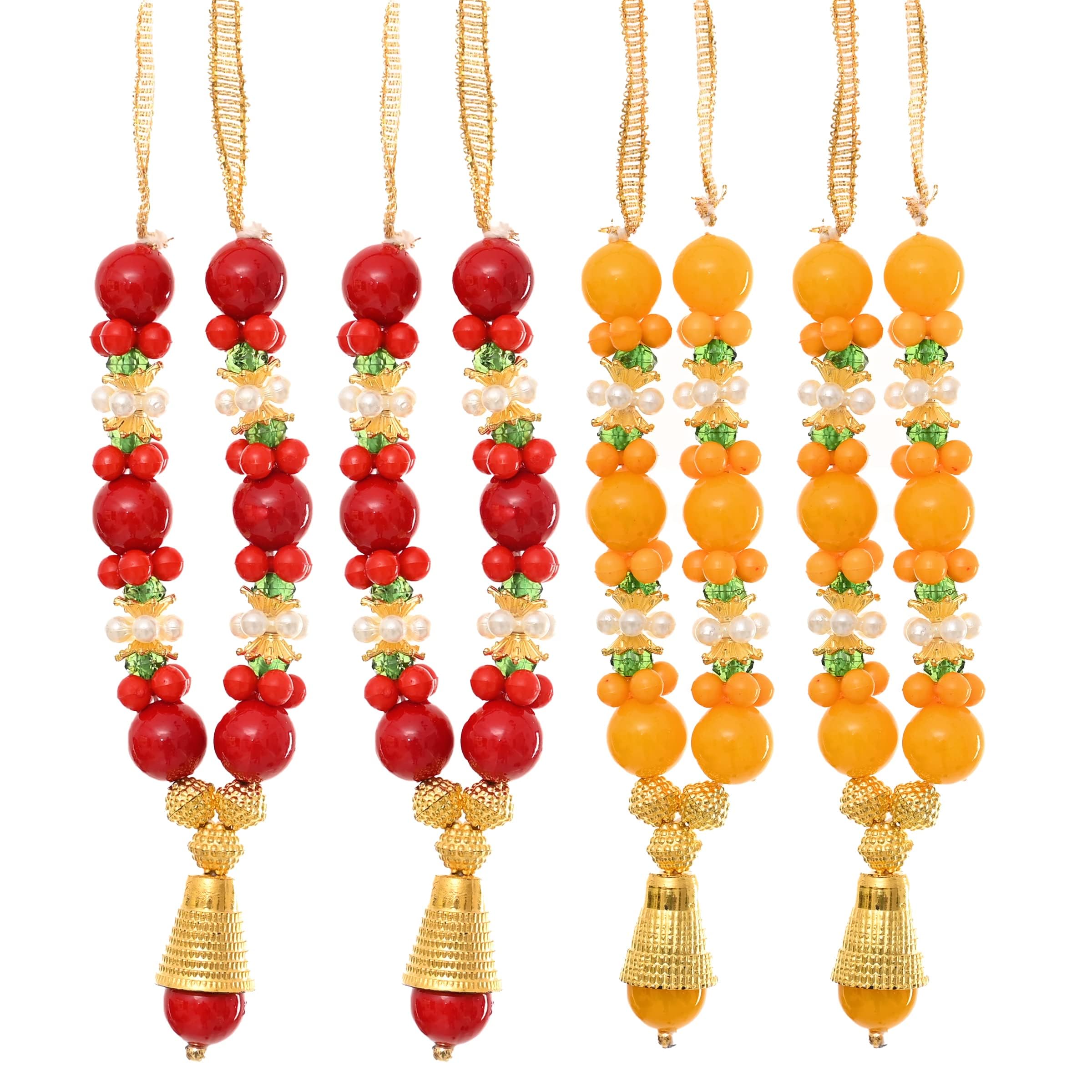 Set of 4 Mala Artificial Flowers Ribbon Garland Haar Mala for Idol-Mala for God, Indian Traditional Ganesha Ganpati Pooja Sringar Articles Ornament (Size :-4")(Red,Yellow)