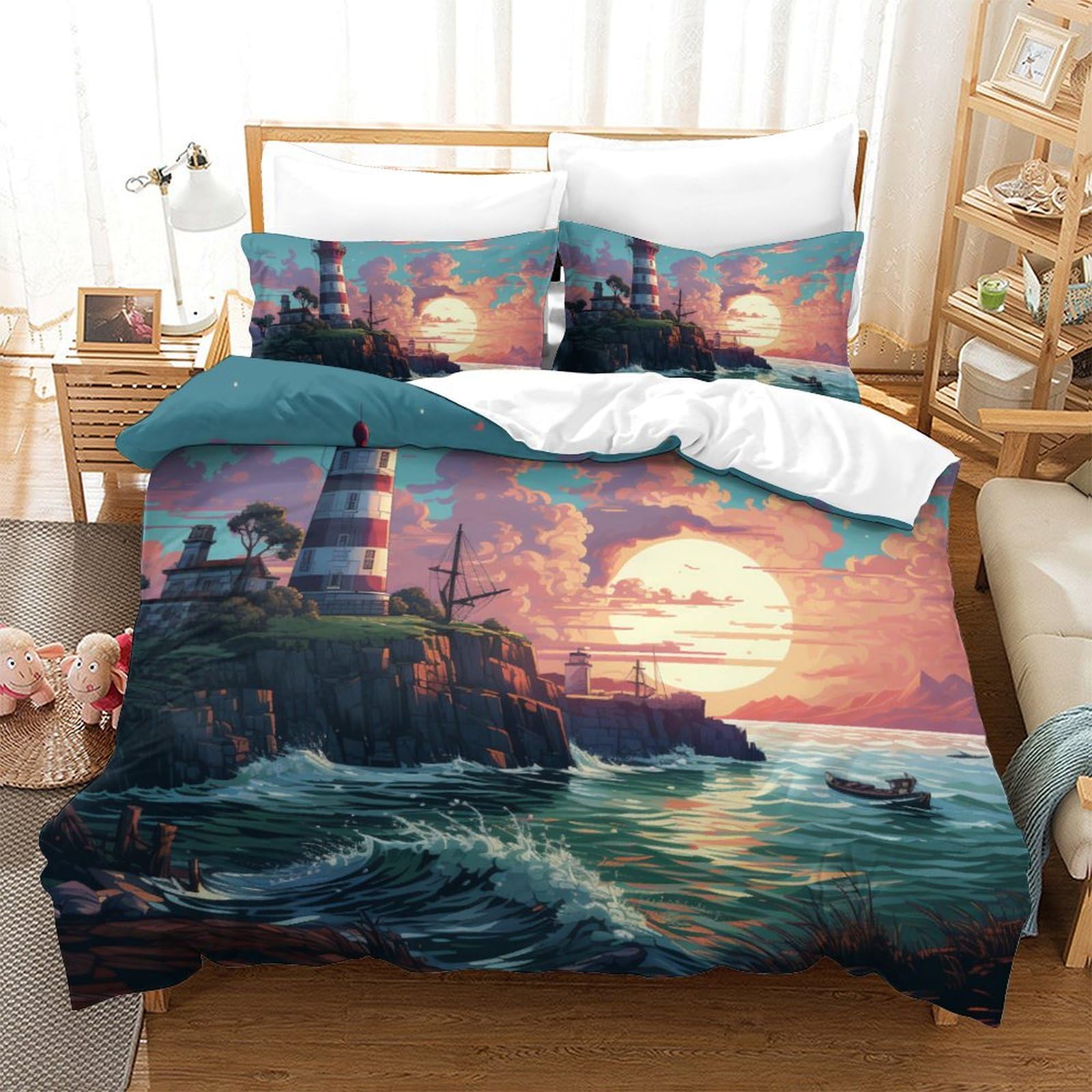 Parure de couette phare de la côte 3D grand lit microfibre avec fermeture éclair King
