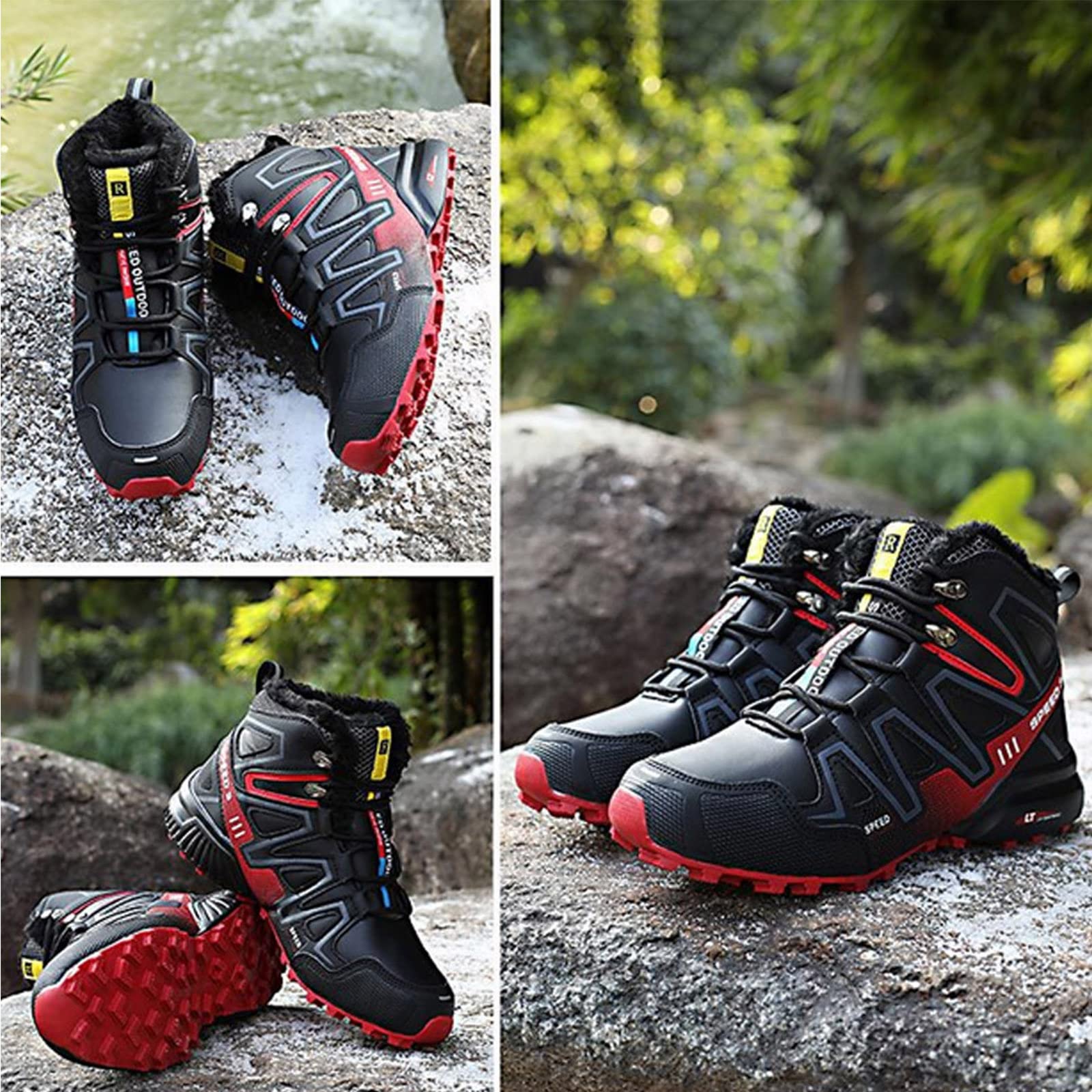 WYUKN Chaussures de Cyclisme VTT et Moto - Tissu Oxford Imperméable pour Hommes, Baskets de Randonnée en Plein Air, Hiver, Red-43EU