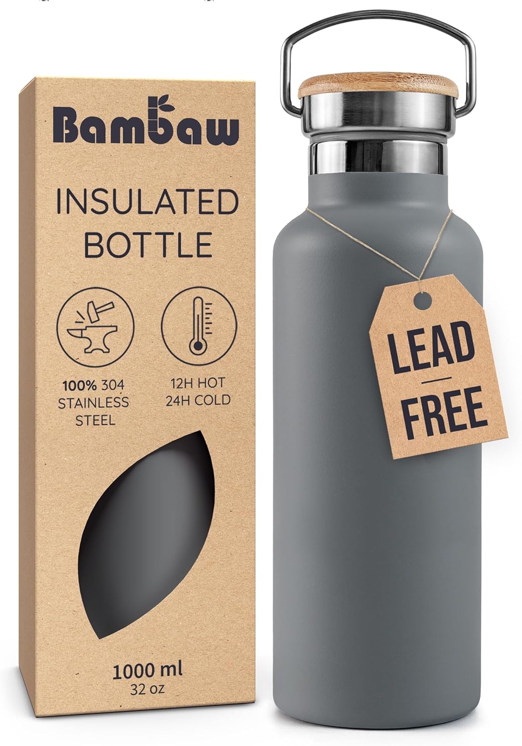 Bambaw 32 oz Water Bottle, Gray Double Wall Insulated Water Bottle, Stainless Steel Water Bottle, Thermo Water Bottle, Women and Mens Water Bottle, 1 Liter Water Bottle – Stormy Gray