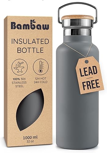 Miniatura 28 de Bambaw Botella de agua aislada de 32 onzas, botella de agua de acero inoxidable verde, botella de agua grande de acero inoxidable, botella de agua