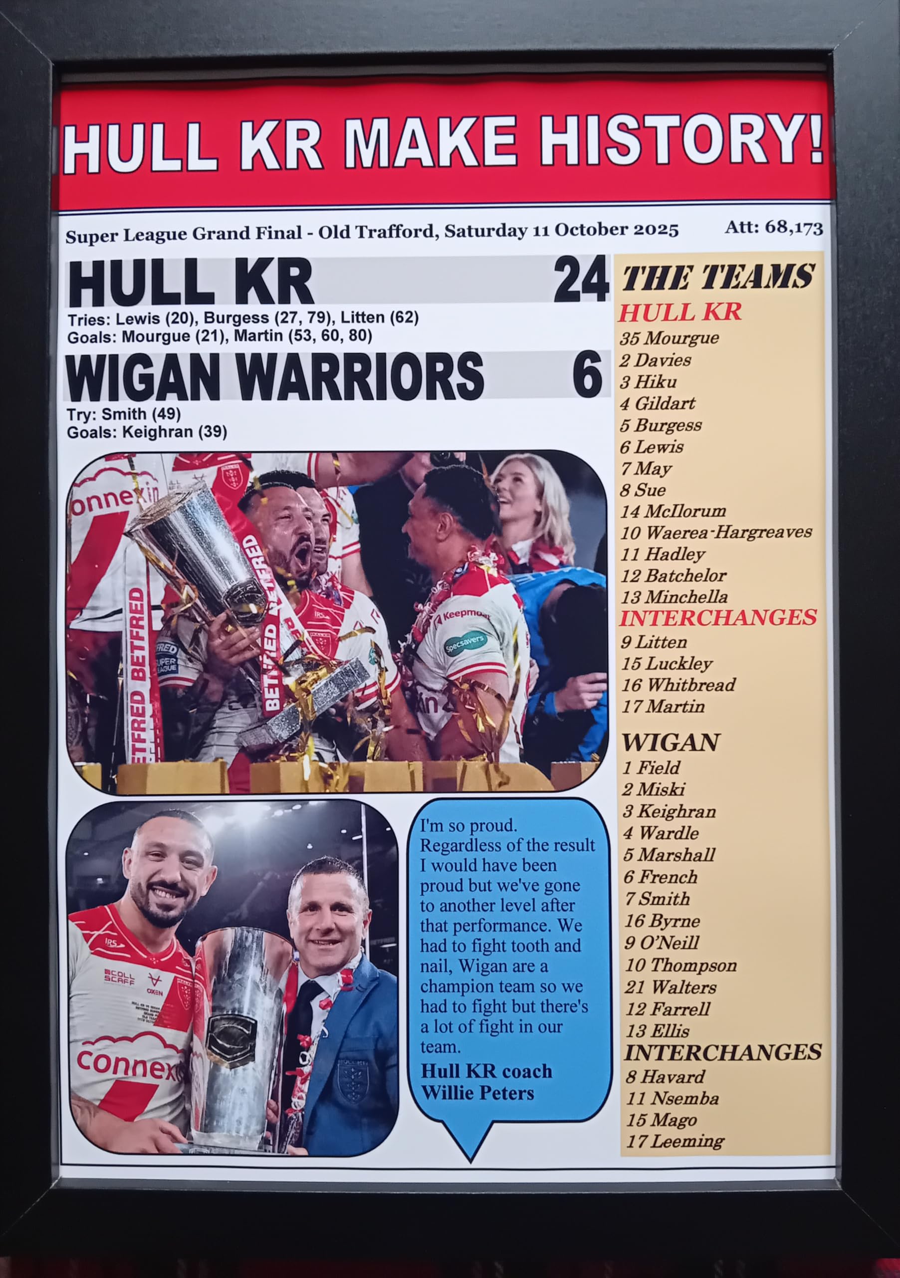 Assorted Multicoloured Hull Kr 24 Wigan Warriors 6-2025 Super League Grand Final - Framed Print