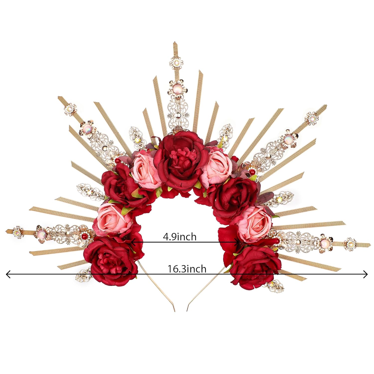 Handmade Rose Halo Crown - Fantasy Renfaire Red and Pink Flower Headpiece with Crystal Spiked Greek Goddess Headband for Women Fairy Elf Hair Hoop Cosplay Renaissance Halloween Wedding