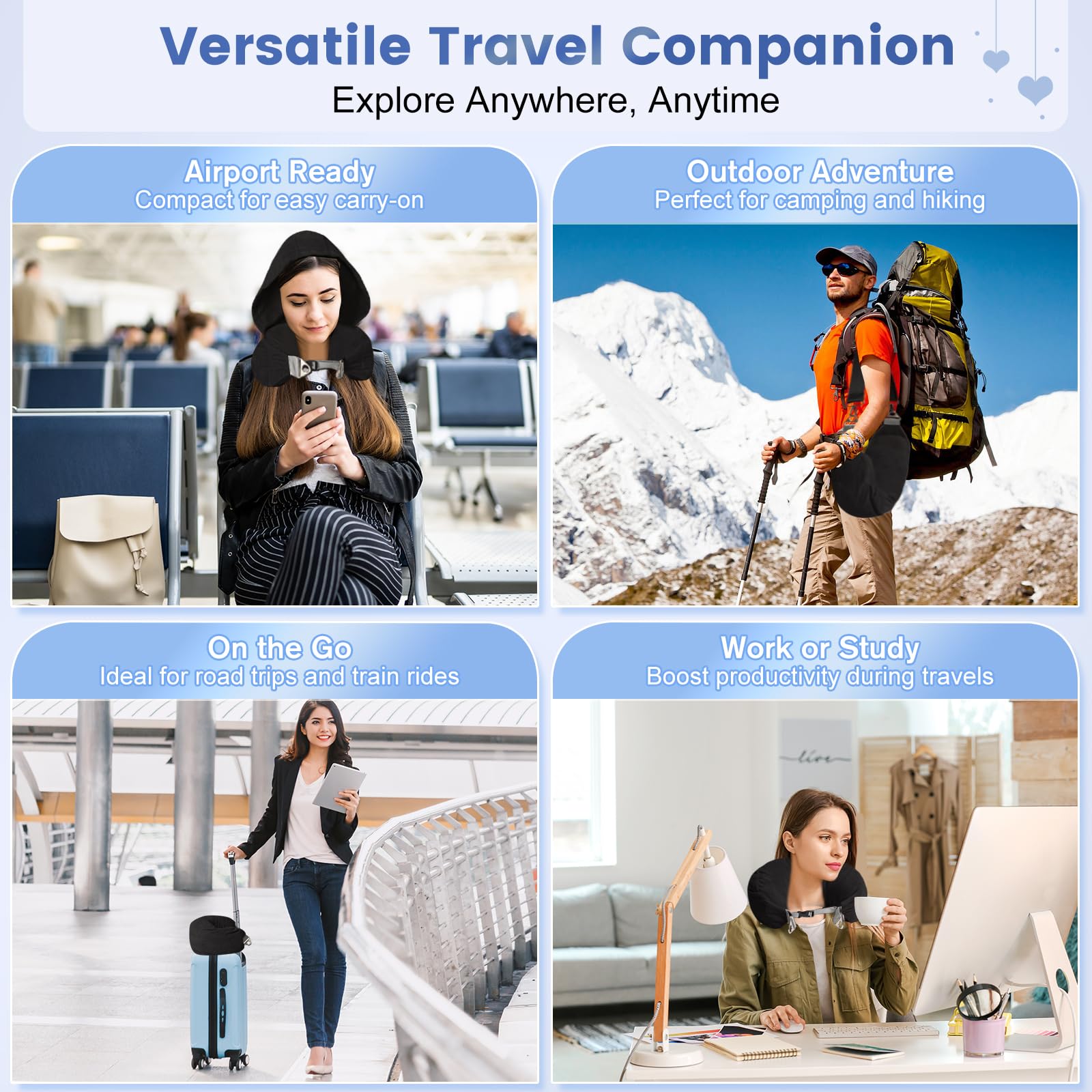 DreamShore Cuscino da viaggio imbottito da viaggio con cappuccio, cuscino da viaggio regolabile in velluto con tappi per le orecchie e maschera per gli occhi, cuscino da viaggio per trasporto in aereo