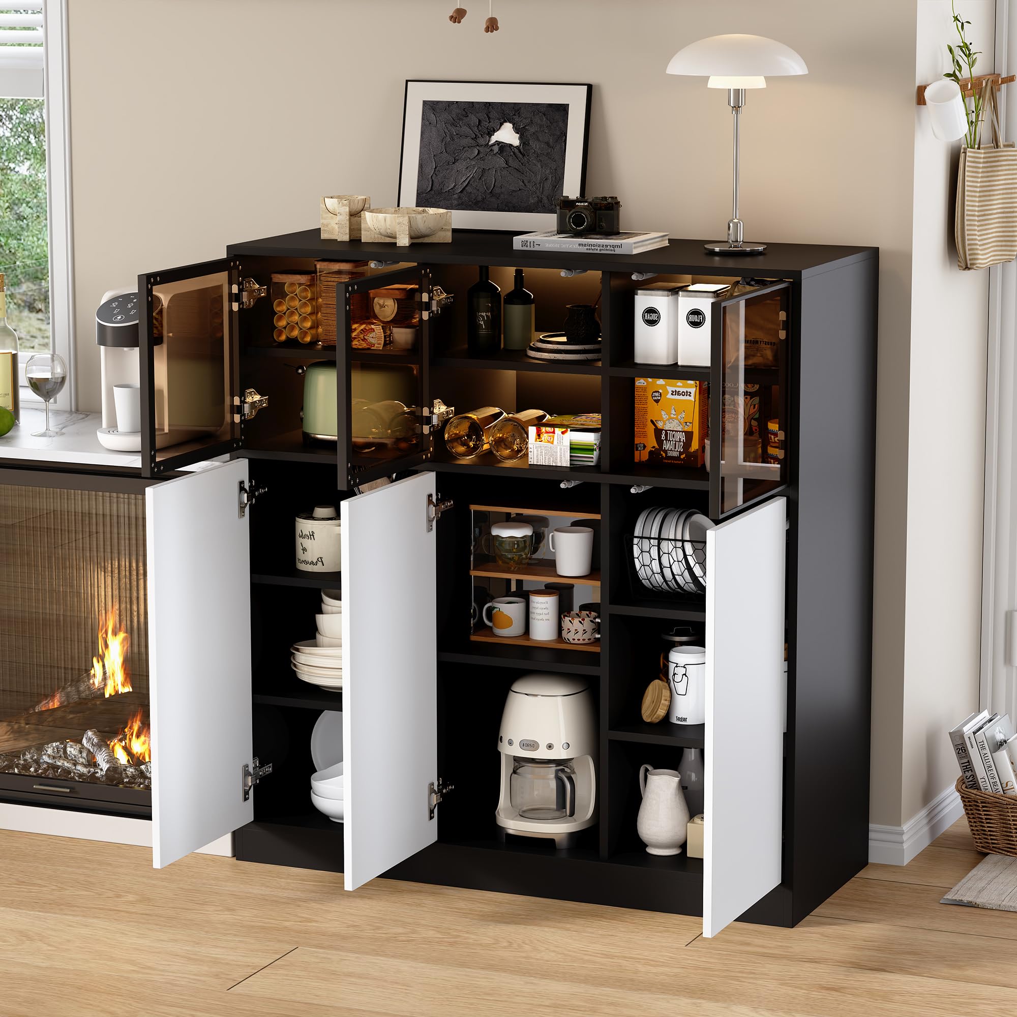Credenza con illuminazione a LED e 3 ante in vetro, 100 cm, colore nero/bianco, 6 ante e 14 scomparti, con sistema di sicurezza ribaltabile, per soggiorno, cucina e sala da pranzo