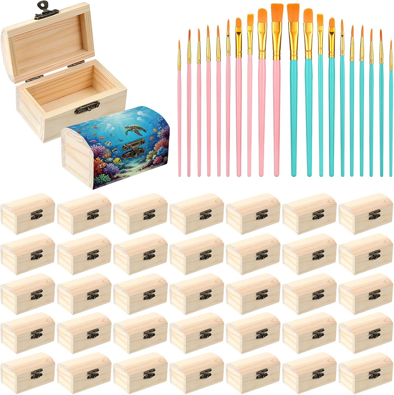 36 Pieces Unfinished Wood Box with 20 Paintbrushes, Small Wooden Boxes with Hinged Lids 3.5 X 2.2 X 1.9 Inch for DIY Craft Making Storage Jewelry
