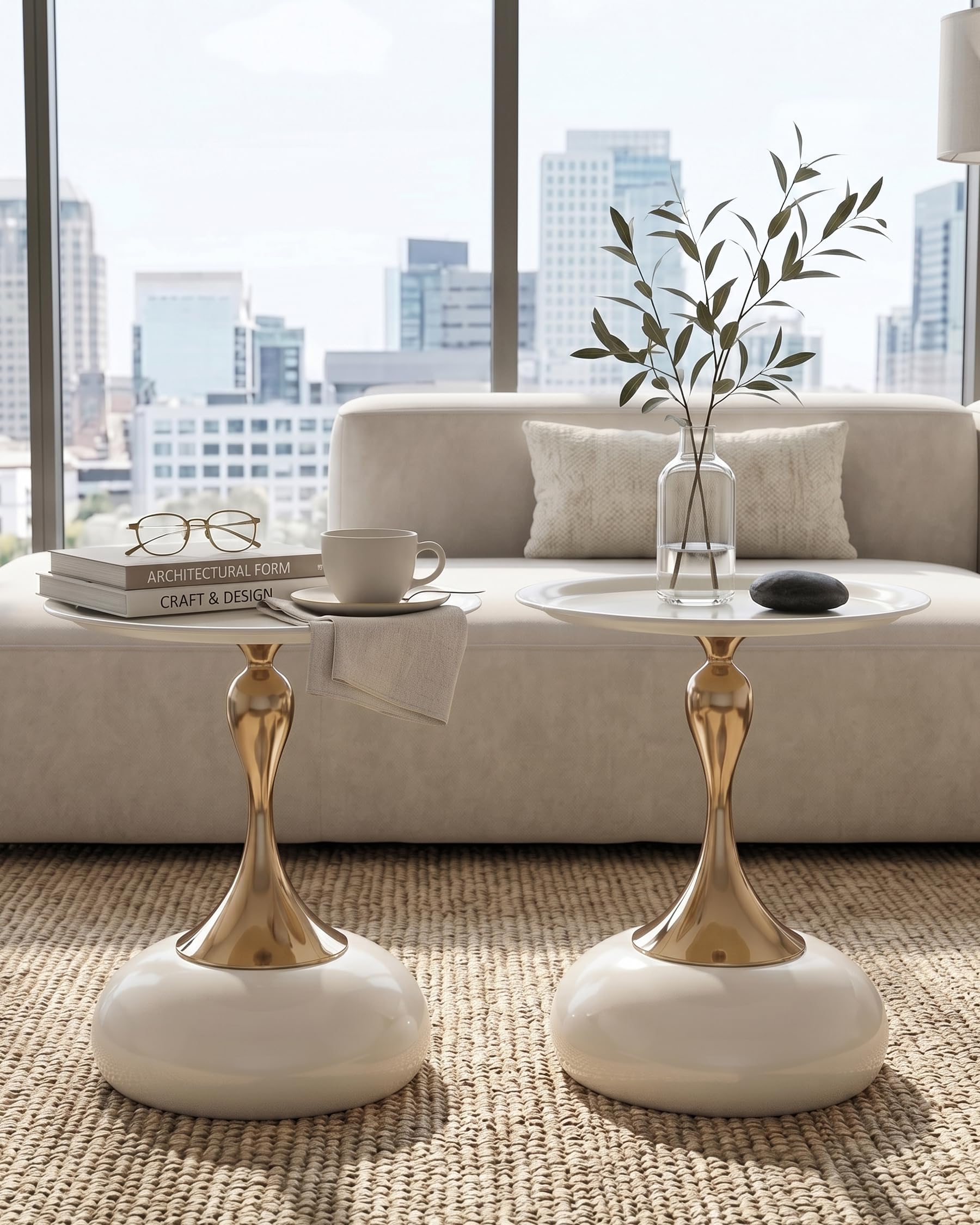 Mesa Auxiliar Sofa Beige y Dorada para Salón, Mesita de Centro de Diseño en Metal, Set de 2 Mesita Auxiliar Pequeños para Sofá o Dormitorio, Side Table de Jardín Exterior, 40x53cm