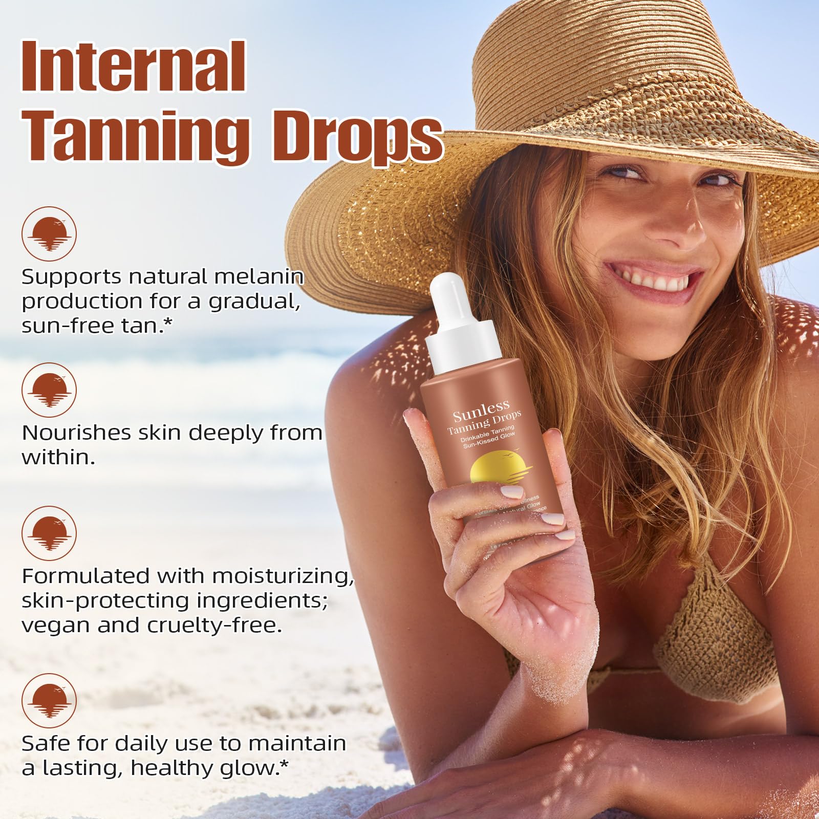 Gotas de bronceado sin sol para beber, gotas de bronceado sin sol 2025, mejora tu tono natural de piel para un brillo genuino y bañado por el sol, gotas nutritivas autobronceadoras de 60 ml (2